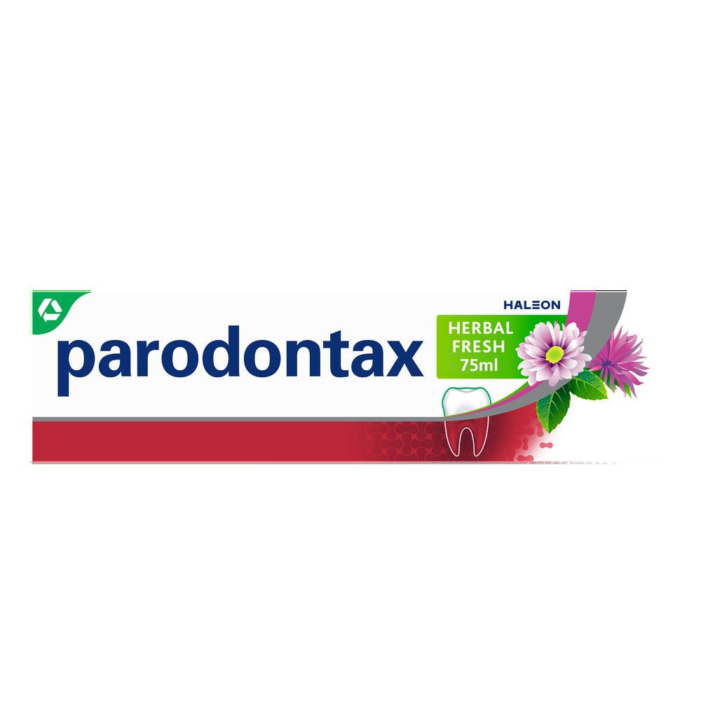 Parodontax Herbal Fresh tandpasta tube. Wit, met groene en rode belettering. 75ml.