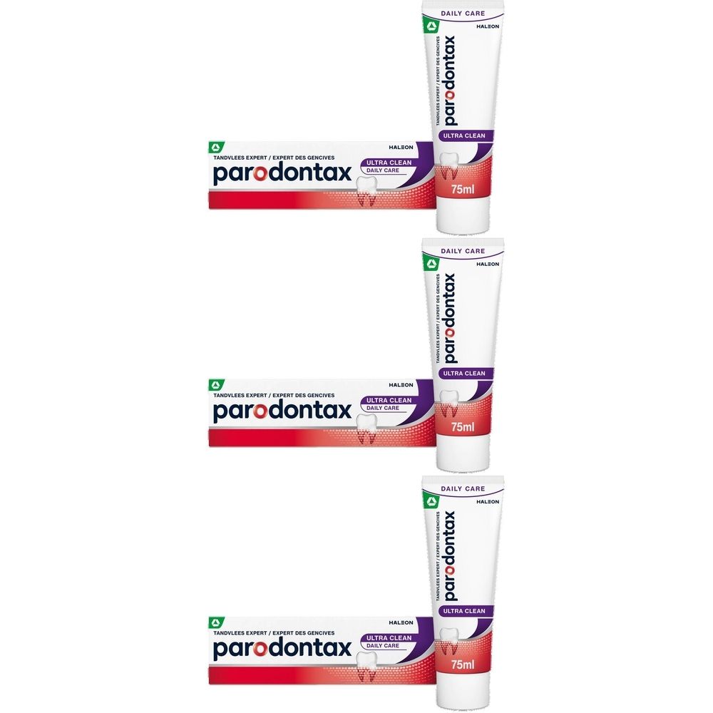 Tubes et boîtes de dentifrice. Inscription : Parodontax Ultra Clean. 75ml. Emballage avec image de dent.