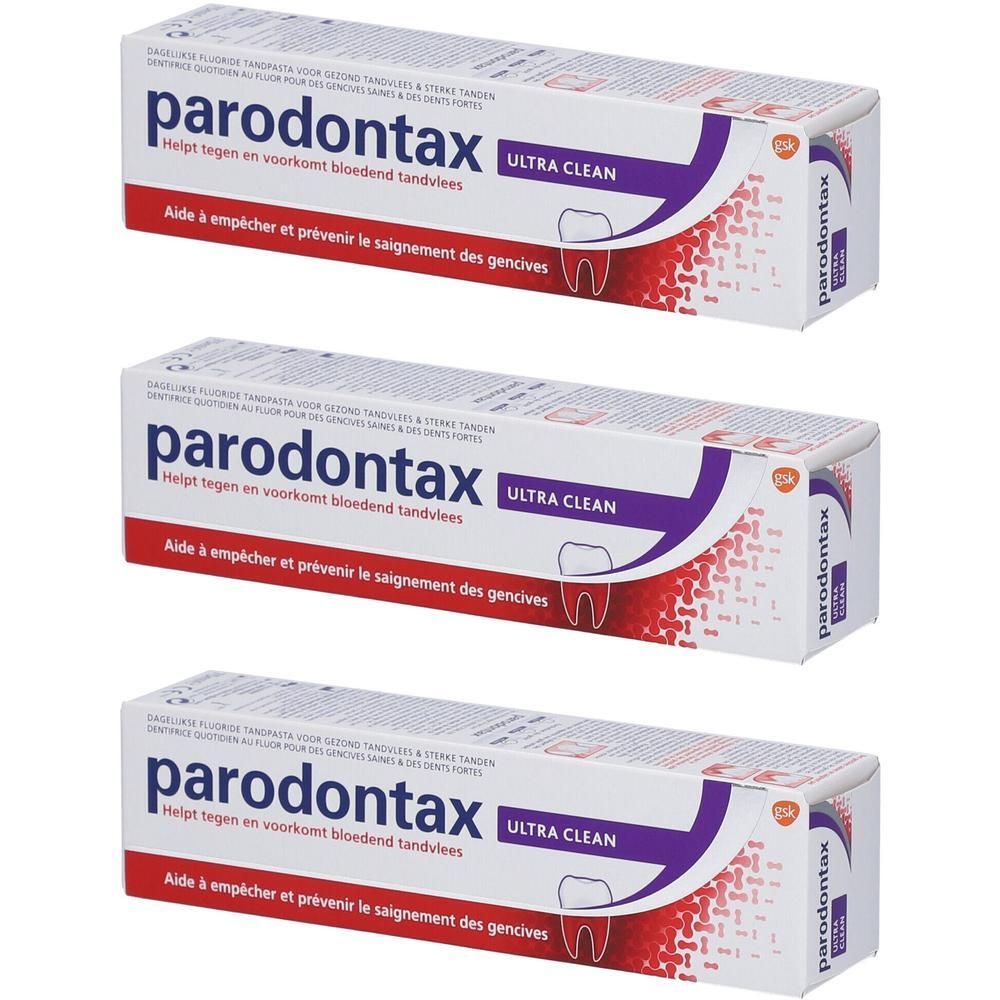 Trois boîtes de dentifrice Parodontax Ultra Clean. Boîtes blanches avec design rouge et violet.
