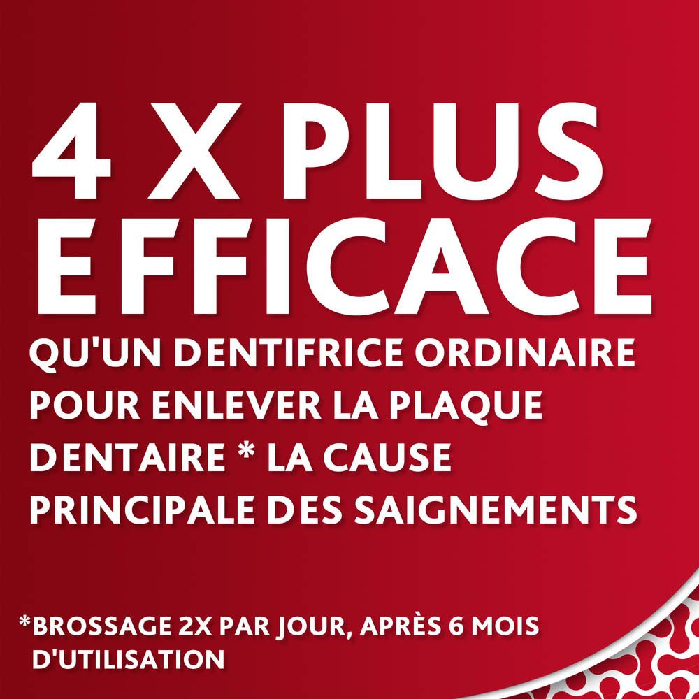 Texte sur fond rouge: 4X plus efficace pour enlever la plaque dentaire. *Brossage 2x par jour, après 6 mois.