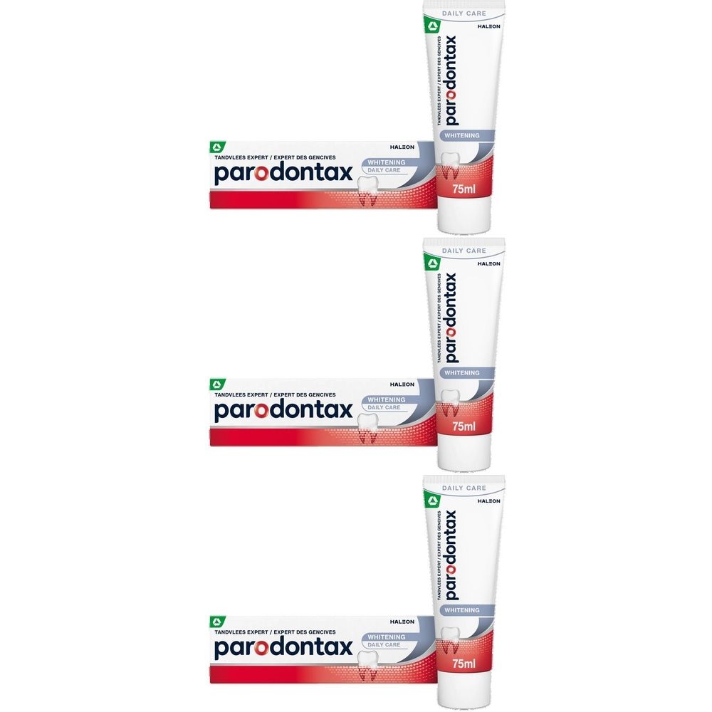 Drie tubes en drie dozen tandpasta. "parodontax Whitening" staat op de tubes en dozen. De tubes zijn wit met rode en grijze tekst.