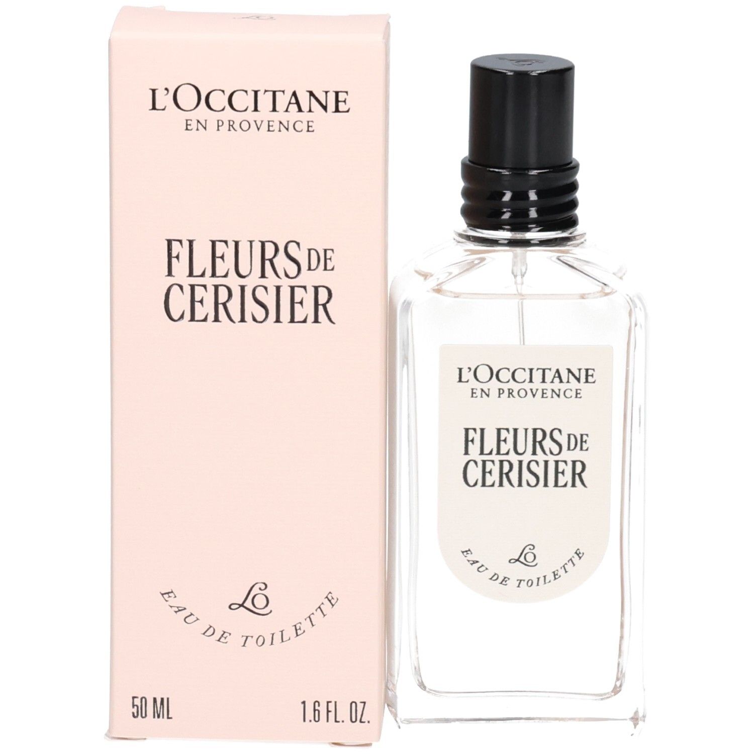 Flacon L'OCCITANE Eau de Toilette à côté de sa boîte d'emballage rose.