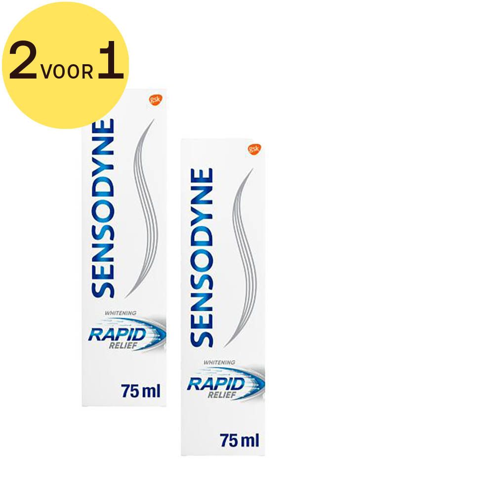 Twee tubes tandpasta Sensodyne Rapid Relief Whitening. 75 ml. Opschrift: Rapid Relief, Whitening.