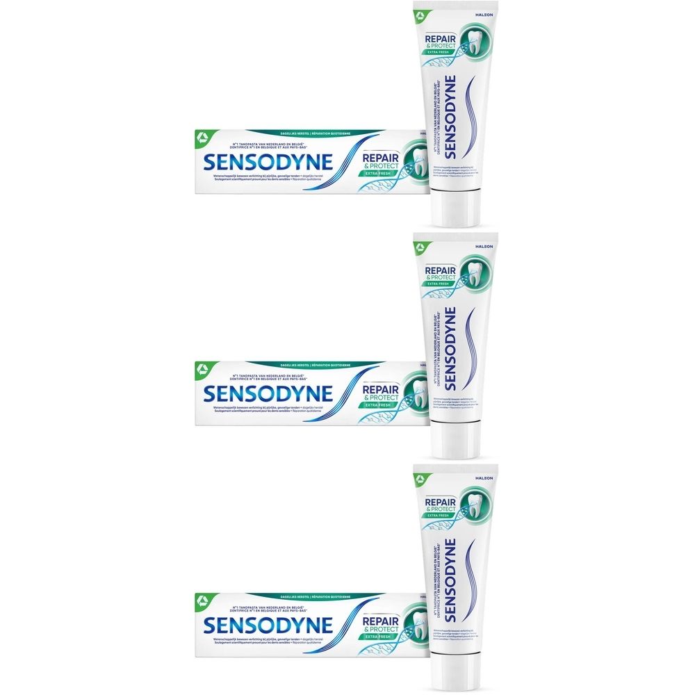 Trois boîtes de dentifrice "Sensodyne Repair & Protect". Étiquette "2+1 GRATUIT".