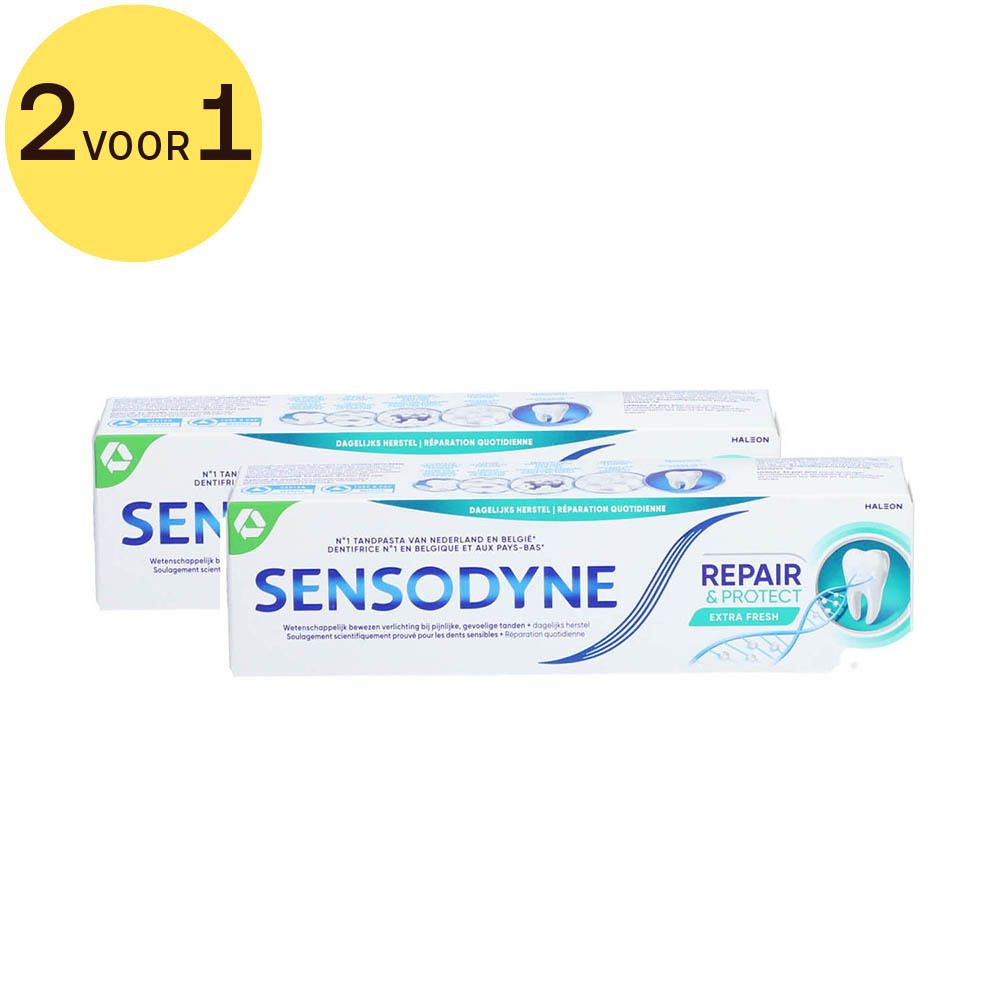 Twee verpakkingen tandpasta "Sensodyne Repair & Protect". Sticker: "2 VOOR 1".