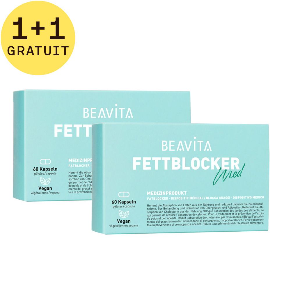 Deux boîtes vert clair avec "BEAVITA FETTBLOCKER med". Inscription "Produit médical" et "60 gélules". Symbole jaune 1+1 GRATUIT.