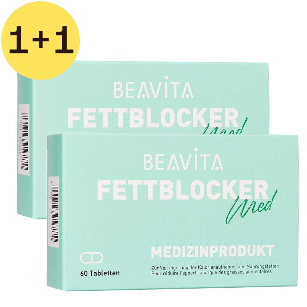 Deux boîtes vert clair avec "BEAVITA FETTBLOCKER med". Inscription "Produit médical" et "60 comprimés". Symbole jaune 1+1.