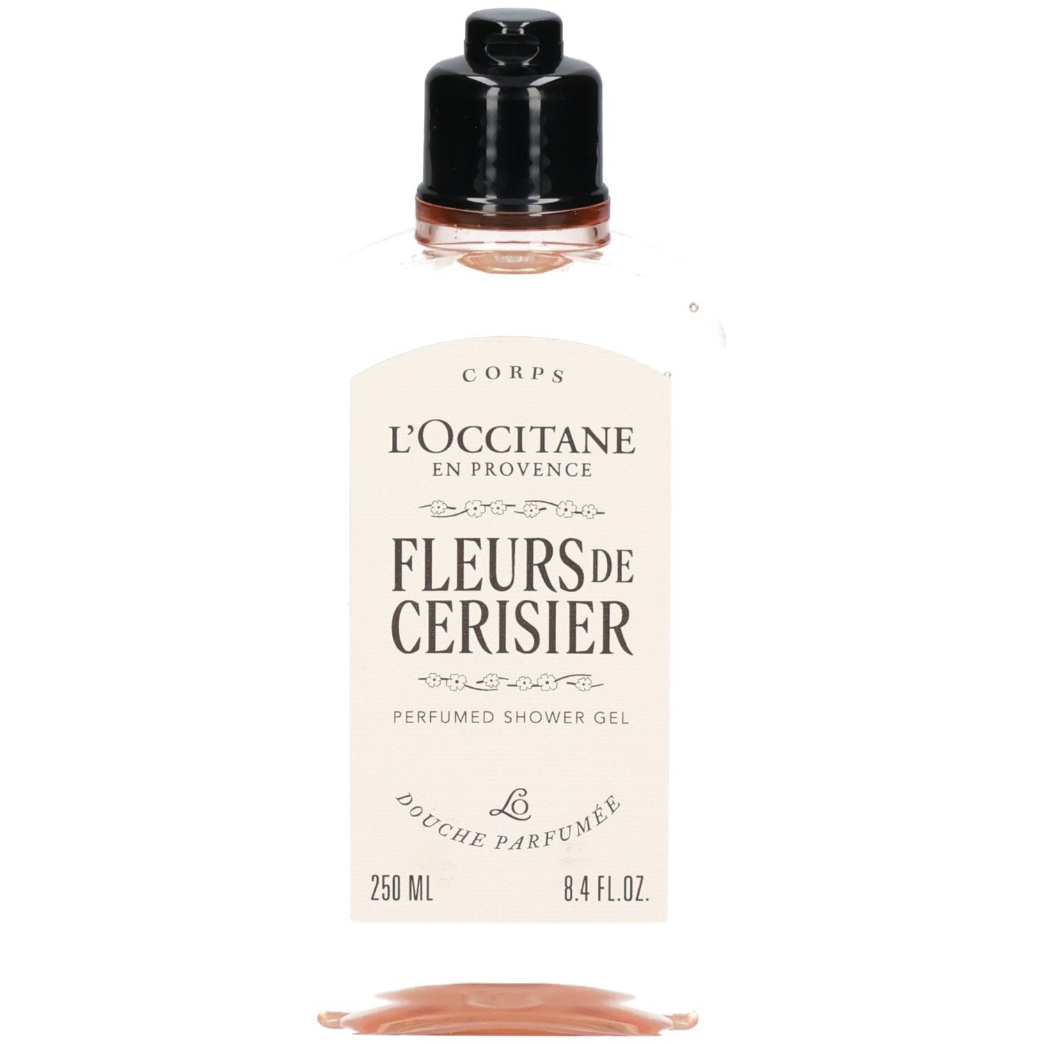 Gel douche L'Occitane Fleurs de Cerisier, avant avec étiquette et bouchon noir.