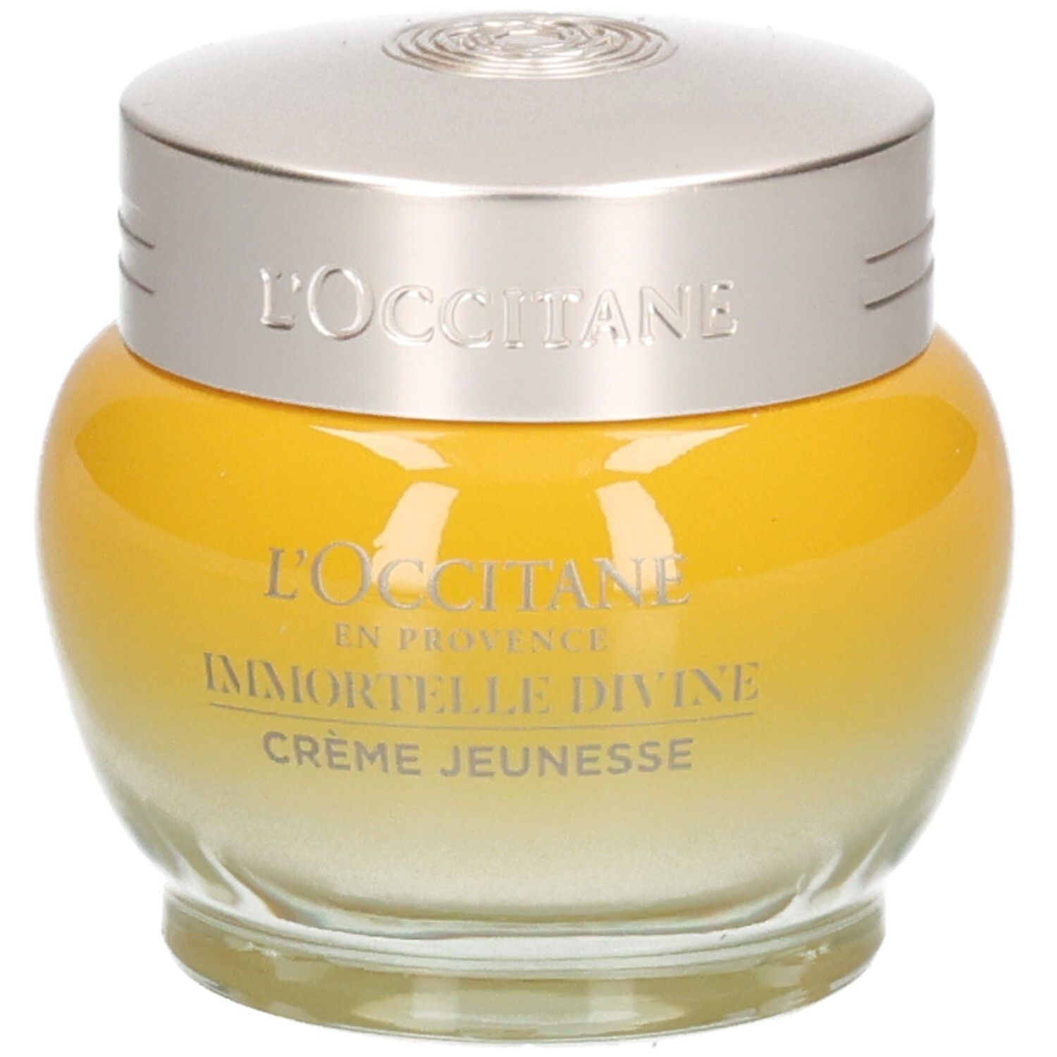 L'OCCITANE Immortelle Divine Jeunesse crème in gele glazen pot met zilverkleurig deksel.