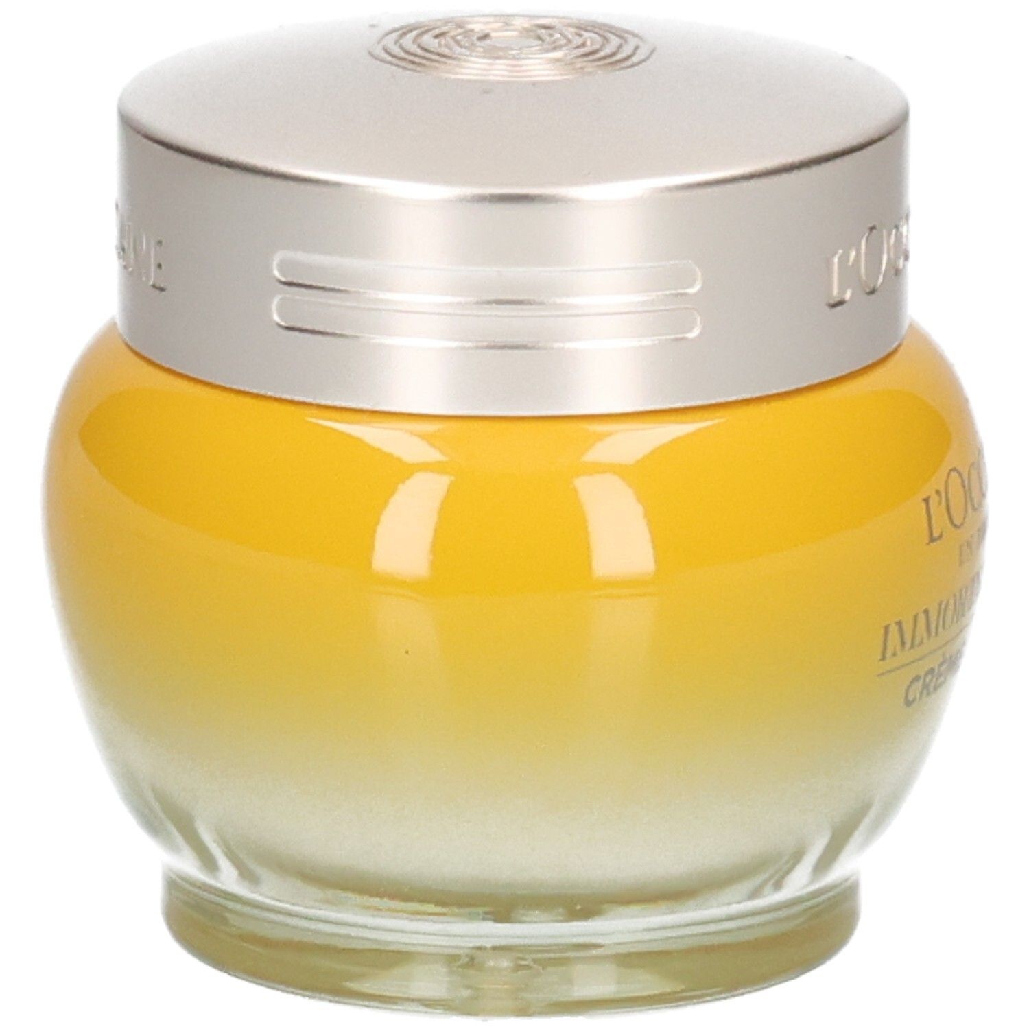 L'OCCITANE Immortelle Divine Jeunesse crème in gele glazen pot met zilverkleurig deksel.