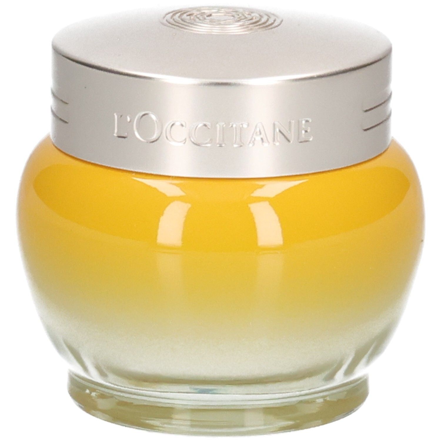 L'OCCITANE Immortelle Divine Jeunesse crème in gele glazen pot met zilverkleurig deksel.