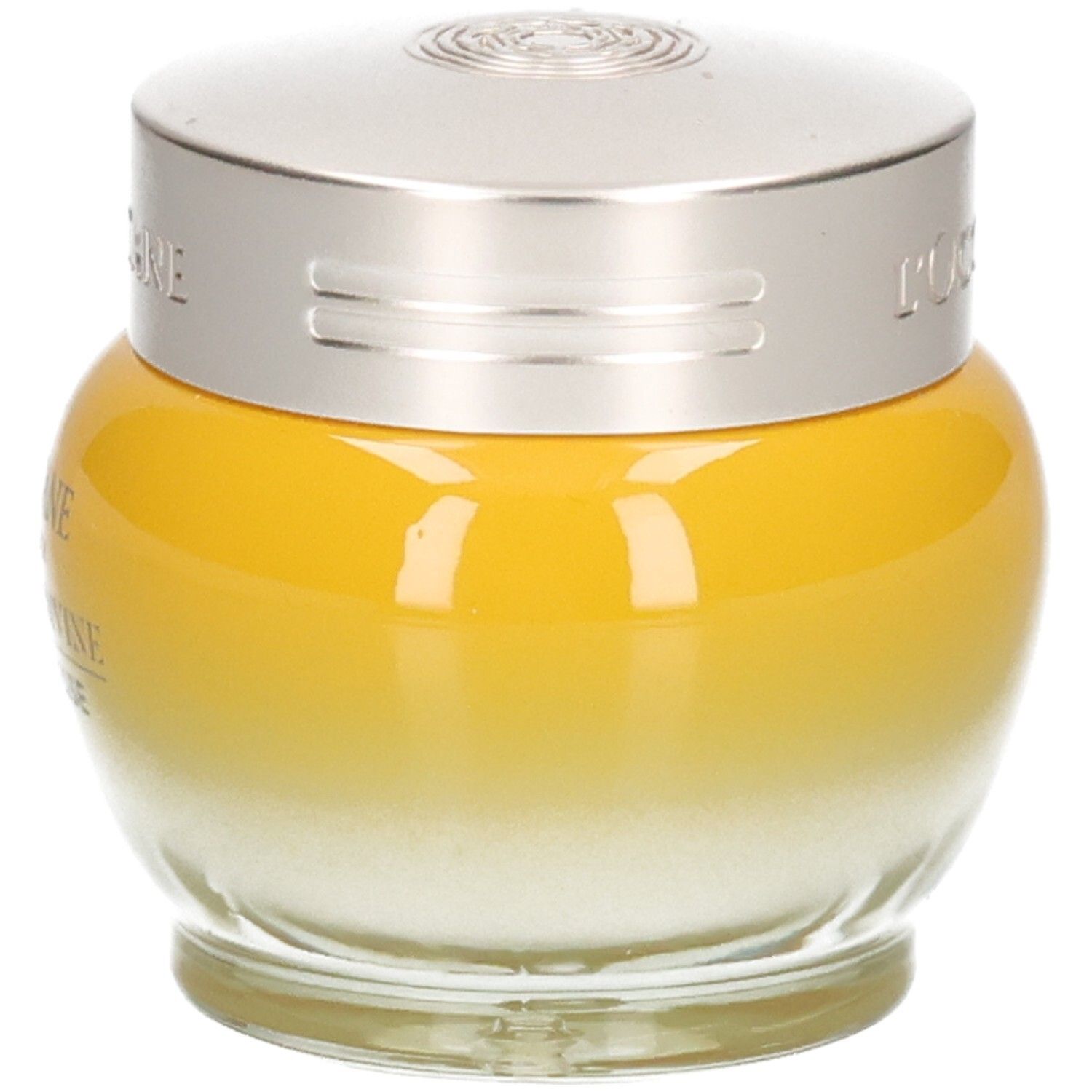 L'OCCITANE Immortelle Divine Jeunesse crème in gele glazen pot met zilverkleurig deksel.