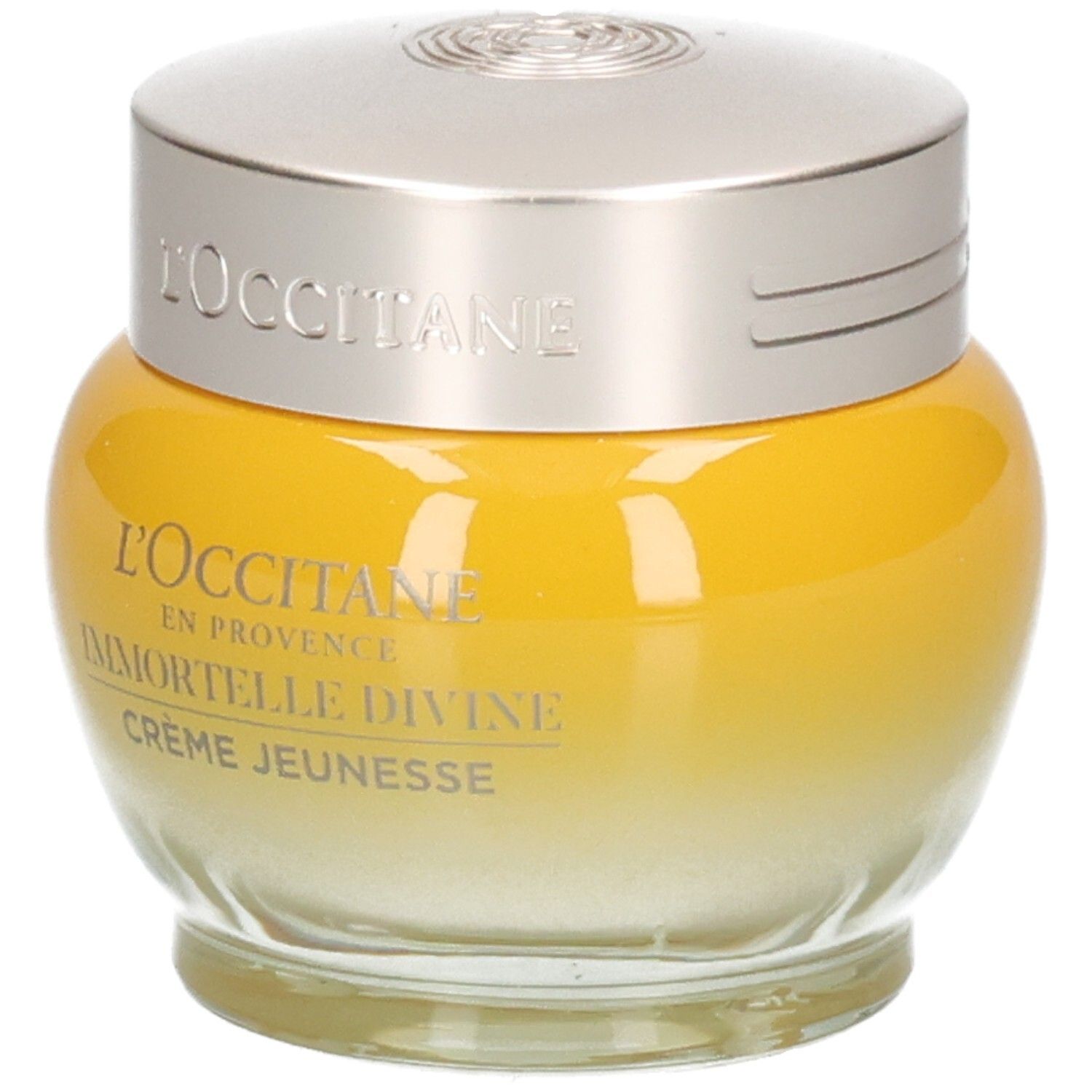 L'OCCITANE Immortelle Divine Jeunesse crème in gele glazen pot met zilverkleurig deksel.
