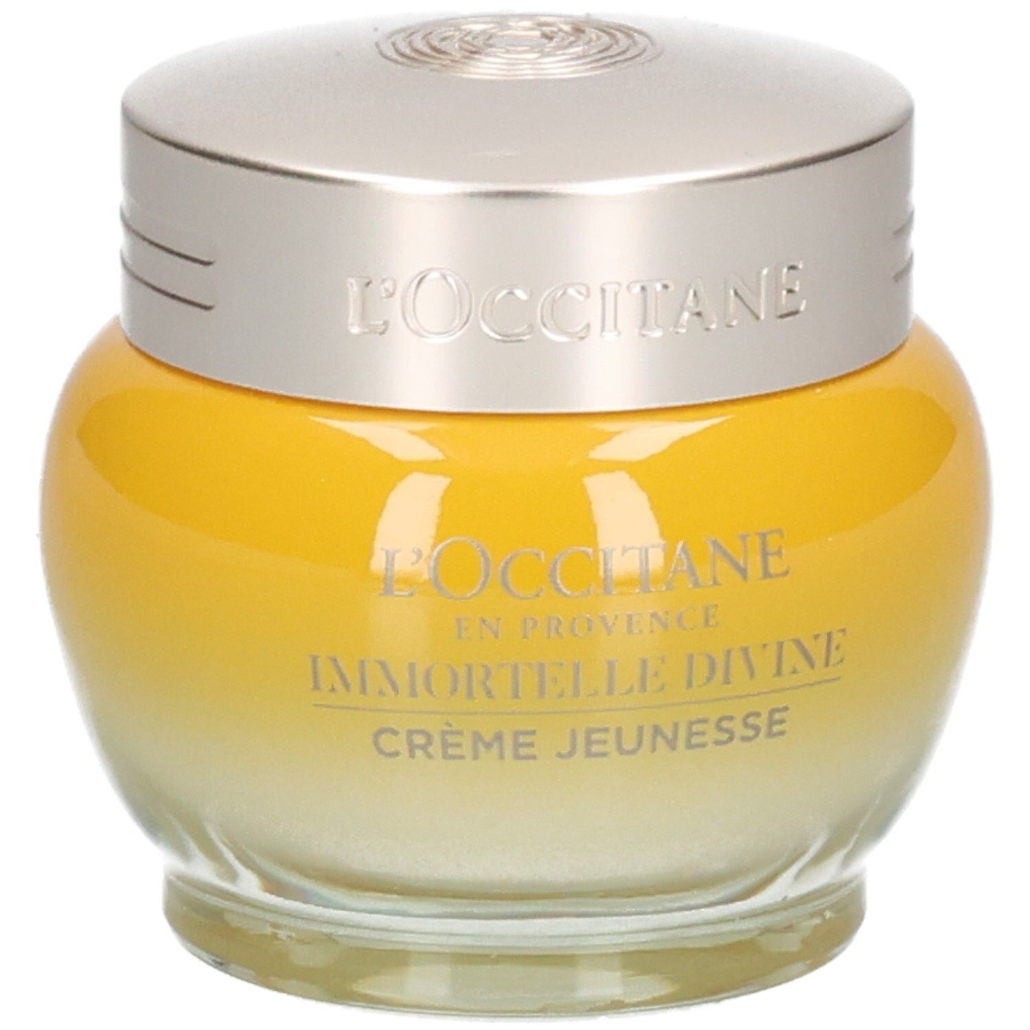 L'OCCITANE Immortelle Divine Jeunesse crème in gele glazen pot met zilverkleurig deksel.