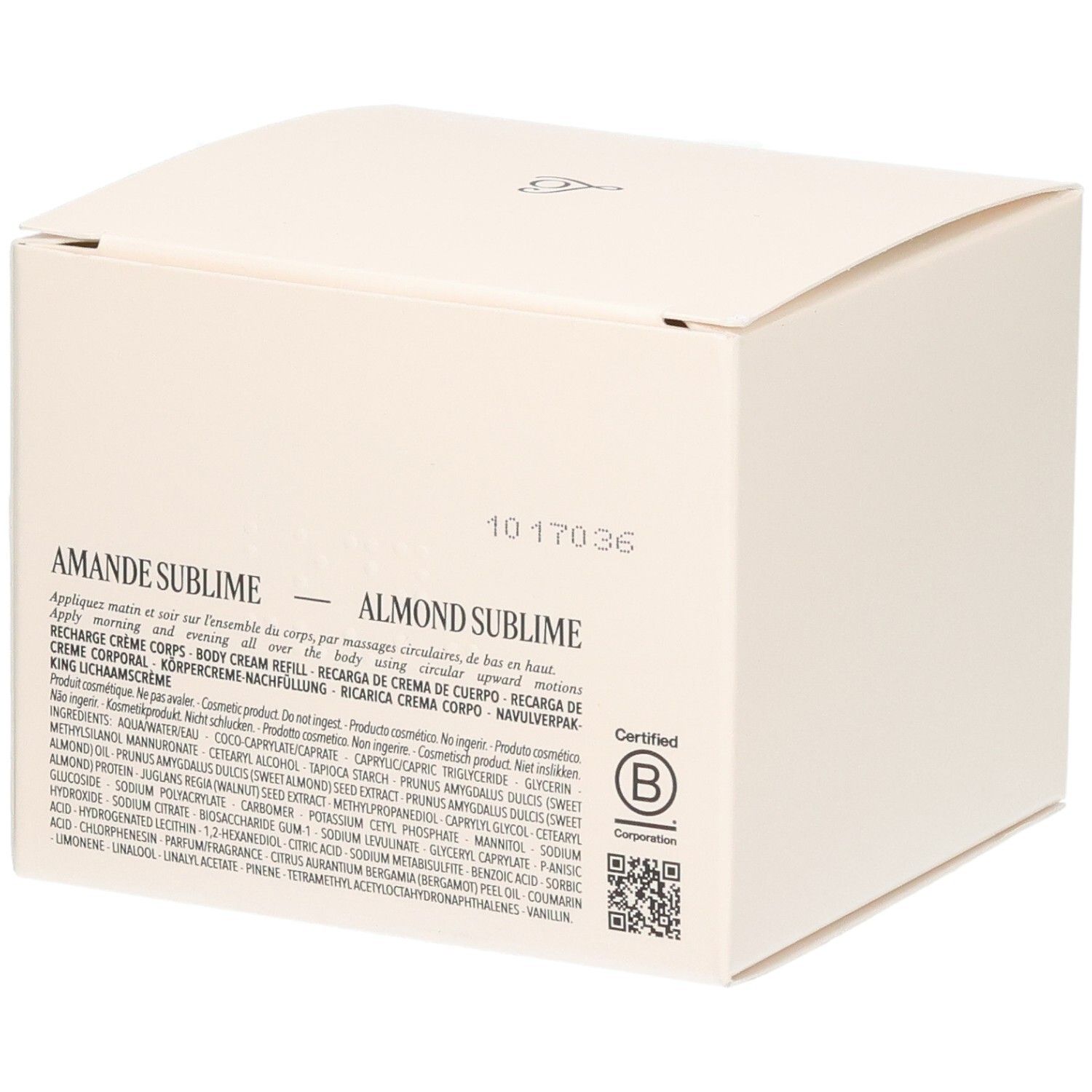 L'Occitane Amande Sublime Concentré de Lait Lissant Recharge. Dos avec ingrédients et certification B Corp.