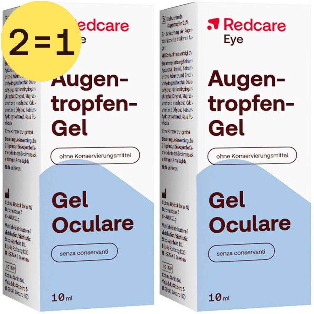 Twee verpakkingen oogdruppelgel. Opschrift: Redcare Eye, Augentropfen-Gel, Gel Oculare, zonder conserveermiddelen, 10 ml.