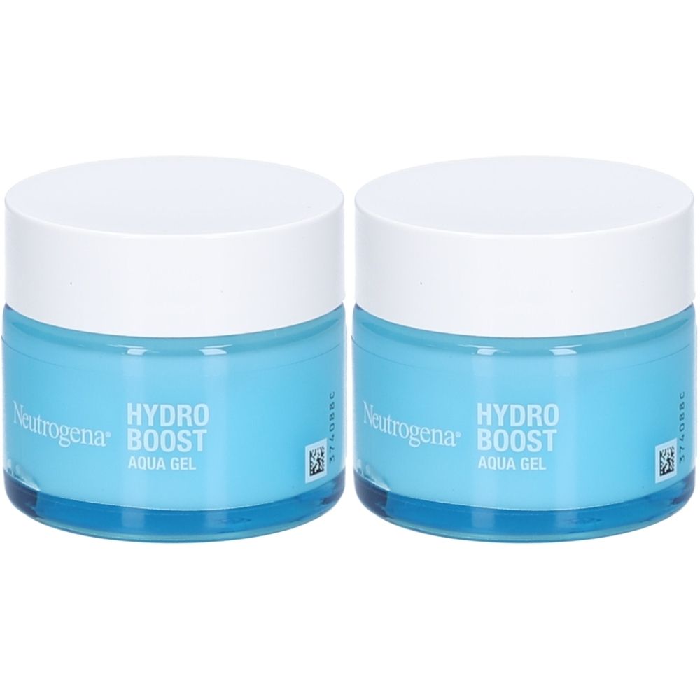 Twee blauwe potten met witte deksels. Opschrift: Neutrogena Hydro Boost Aqua Gel.