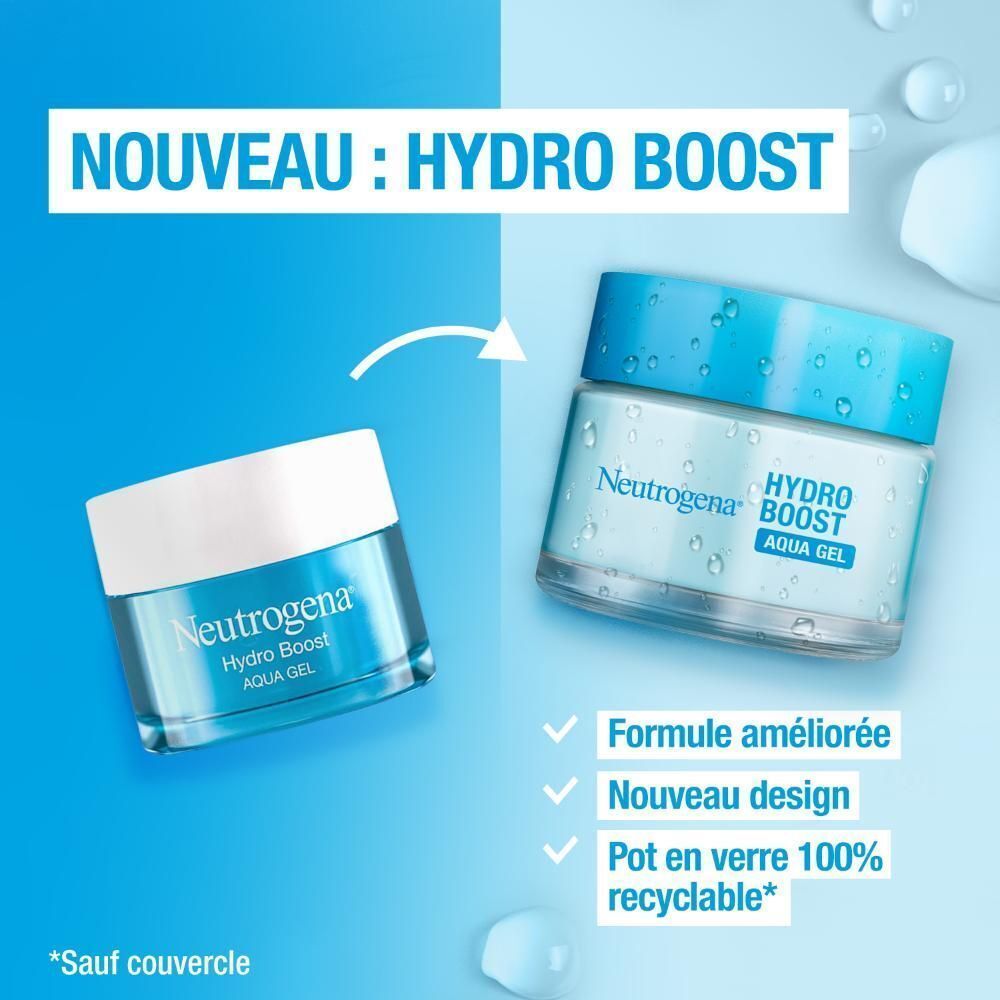 Deux produits: Neutrogena Hydro Boost Aqua Gel. Texte: Nouveau Hydro Boost. Pot en verre recyclable.