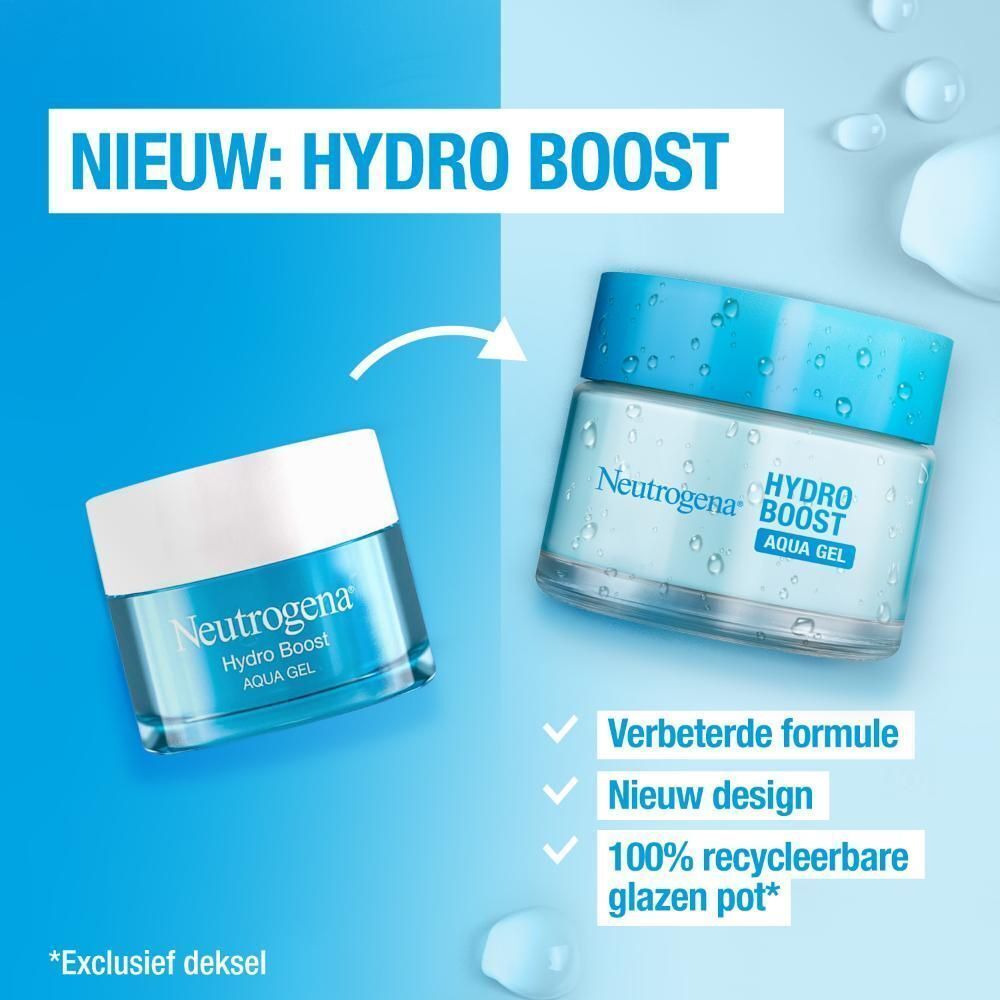 Twee producten: Neutrogena Hydro Boost Aqua Gel. Tekst: Nieuw Hydro Boost. 100% recyclebare glazen pot.