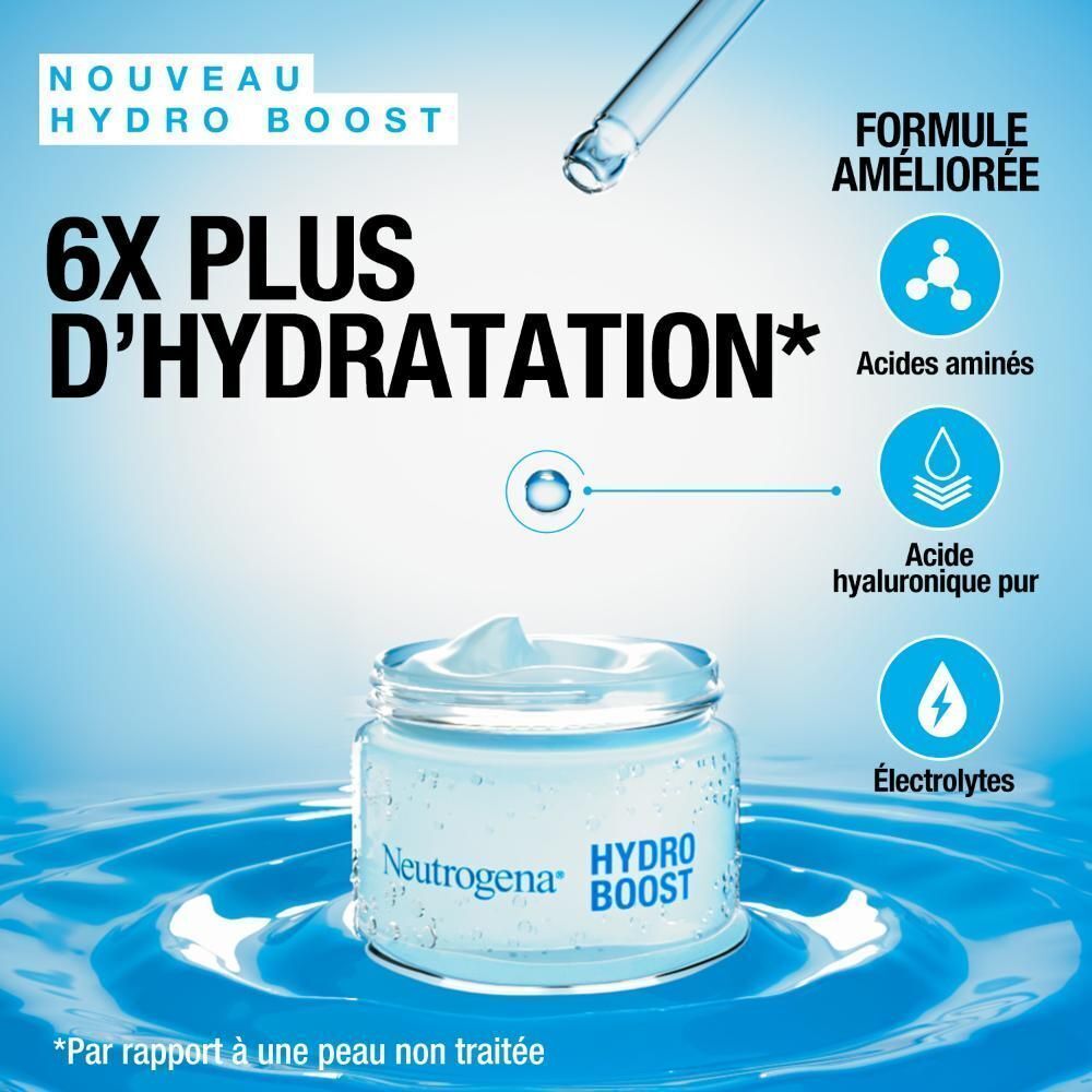 Produit: Neutrogena Hydro Boost Aqua Gel. Texte: 6X plus d'hydratation. Ingrédients: Acides aminés, acide hyaluronique, électrolytes.