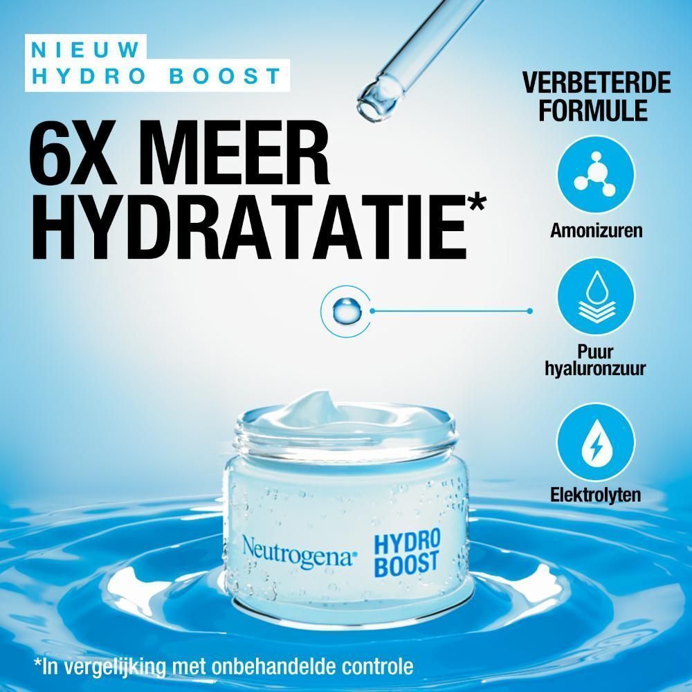 Product: Neutrogena Hydro Boost Aqua Gel. Tekst: 6X meer hydratatie. Ingrediënten: Aminozuren, hyaluronzuur, elektrolyten.