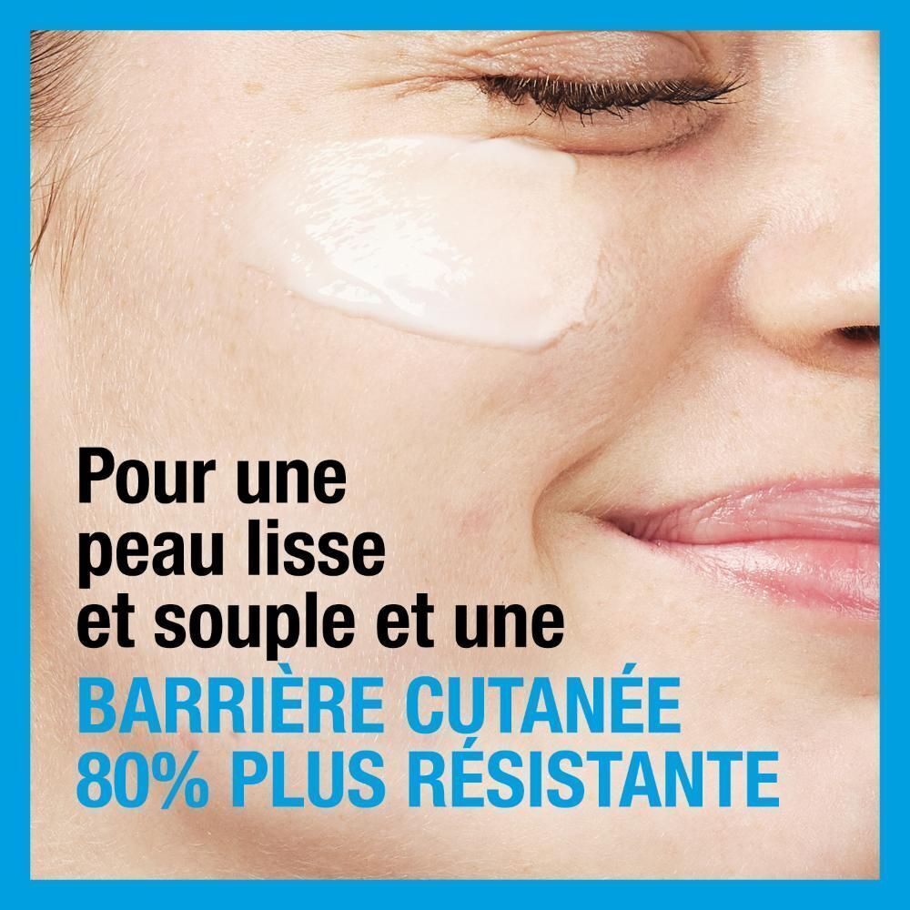 Visage avec crème. Texte: Pour une peau lisse et souple et une barrière cutanée 80% plus résistante.