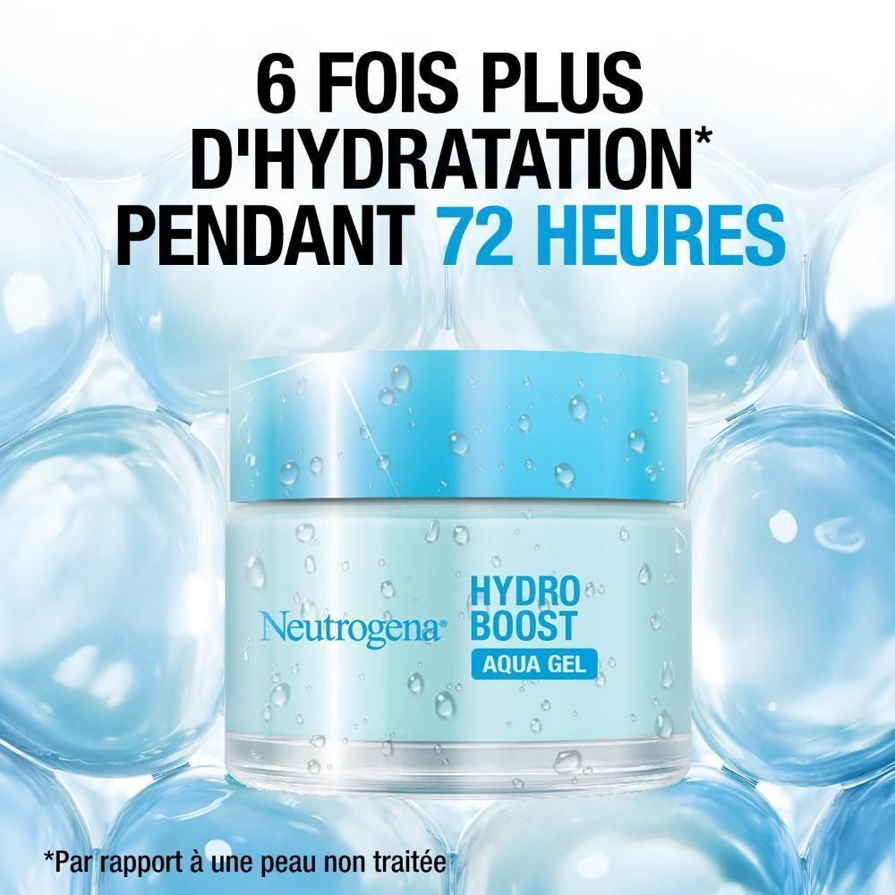 Produit: Neutrogena Hydro Boost Aqua Gel. Texte: 6 fois plus d'hydratation pendant 72 heures.