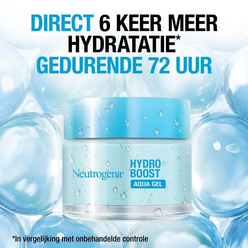 Product: Neutrogena Hydro Boost Aqua Gel. Tekst: Direct 6 keer meer hydratatie gedurende 72 uur.
