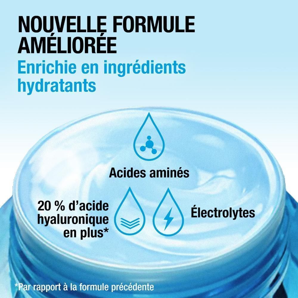 Produit: Neutrogena Hydro Boost Aqua Gel. Texte: Nouvelle formule améliorée. Ingrédients: Acides aminés, électrolytes.