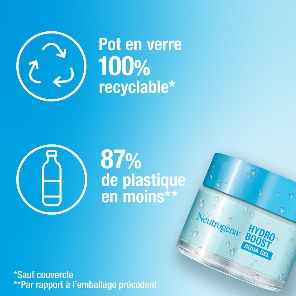 Produit: Neutrogena Hydro Boost Aqua Gel. Texte: Pot en verre 100% recyclable. 87% de plastique en moins.
