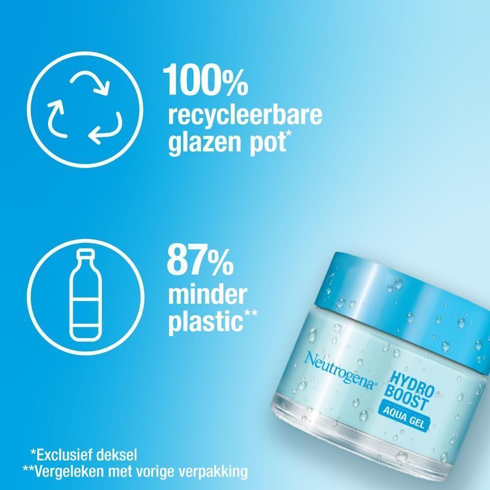 Product: Neutrogena Hydro Boost Aqua Gel. Tekst: 100% recyclebare glazen pot. 87% minder plastic.