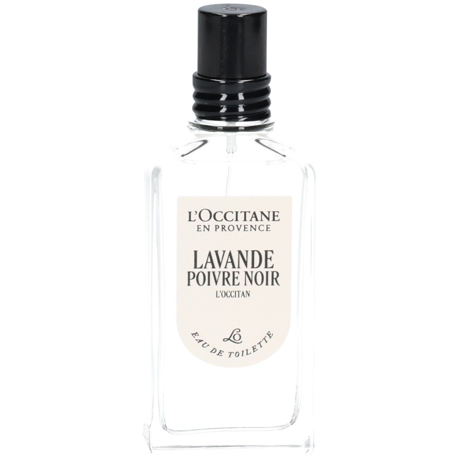 L'OCCITANE Eau de Toilette Lavande Poivre Noir dans un flacon en verre transparent avec vaporisateur noir.