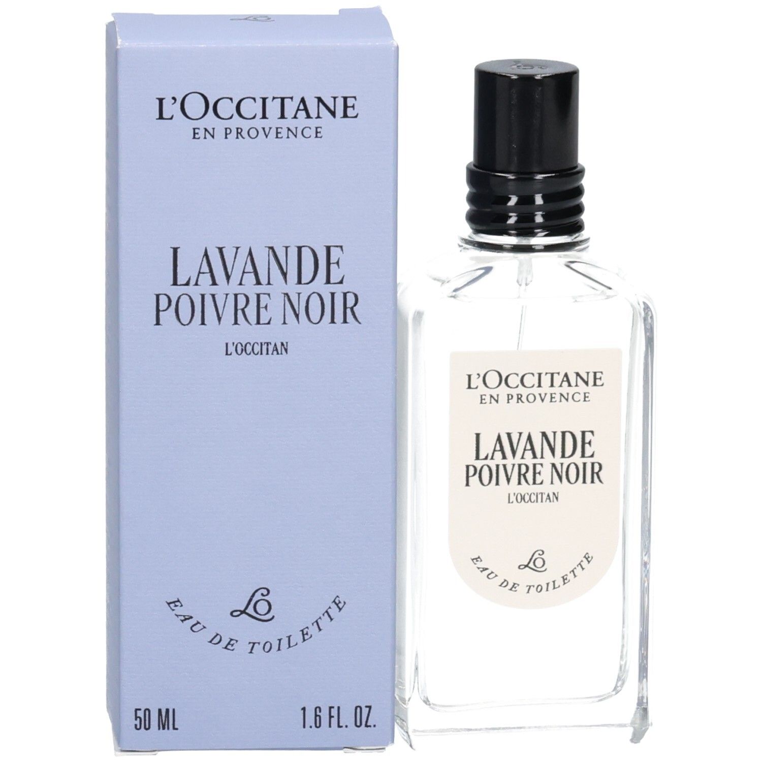 Flacon L'OCCITANE Eau de Toilette Lavande Poivre Noir à côté de sa boîte pliante bleu clair.