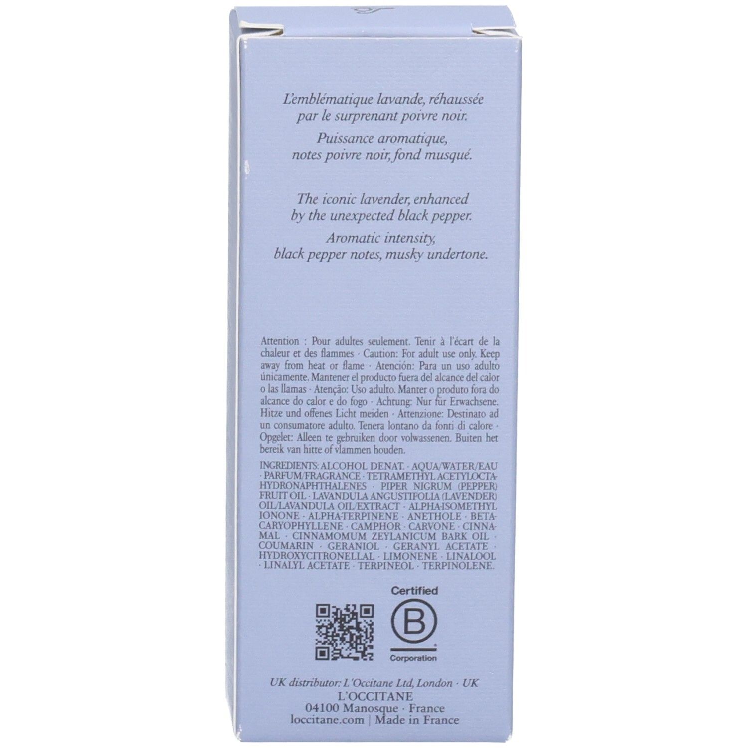 Arrière de la boîte L'OCCITANE Eau de Toilette Lavande Poivre Noir avec informations produit.