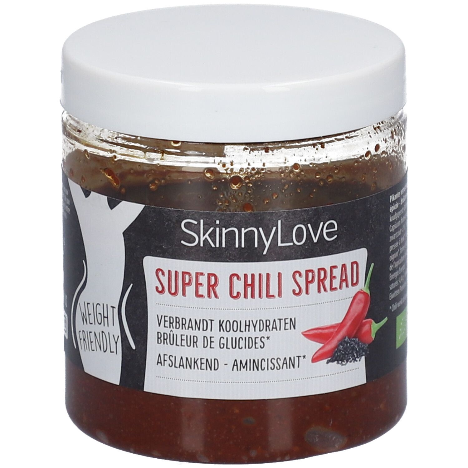 Pot en verre avec couvercle blanc et étiquette. Inscription: SkinnyLove Super Chili Spread. Label Bio et 100% Vegan.