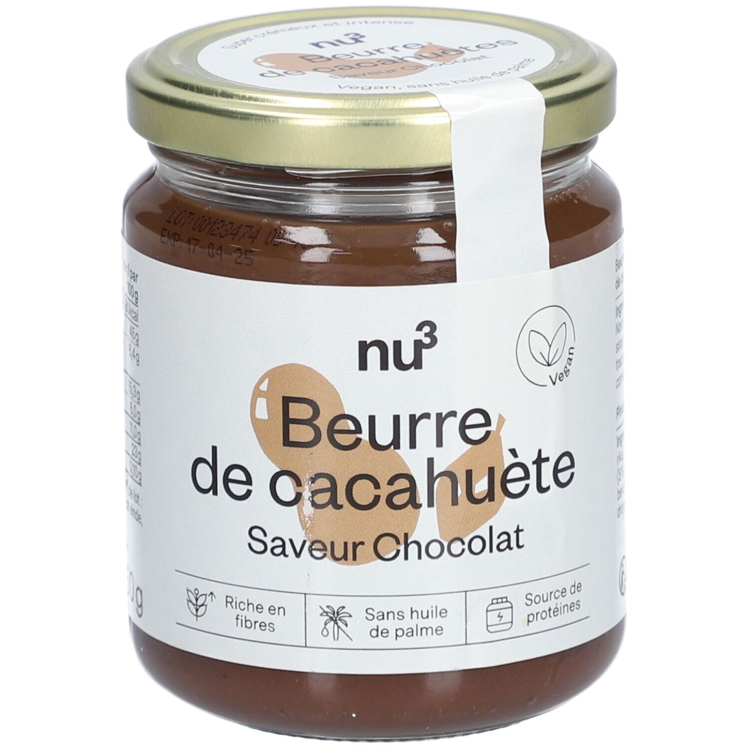 Pot nu3 Pindakaas Chocolade, 250g. Met afbeelding van pinda en cacao.