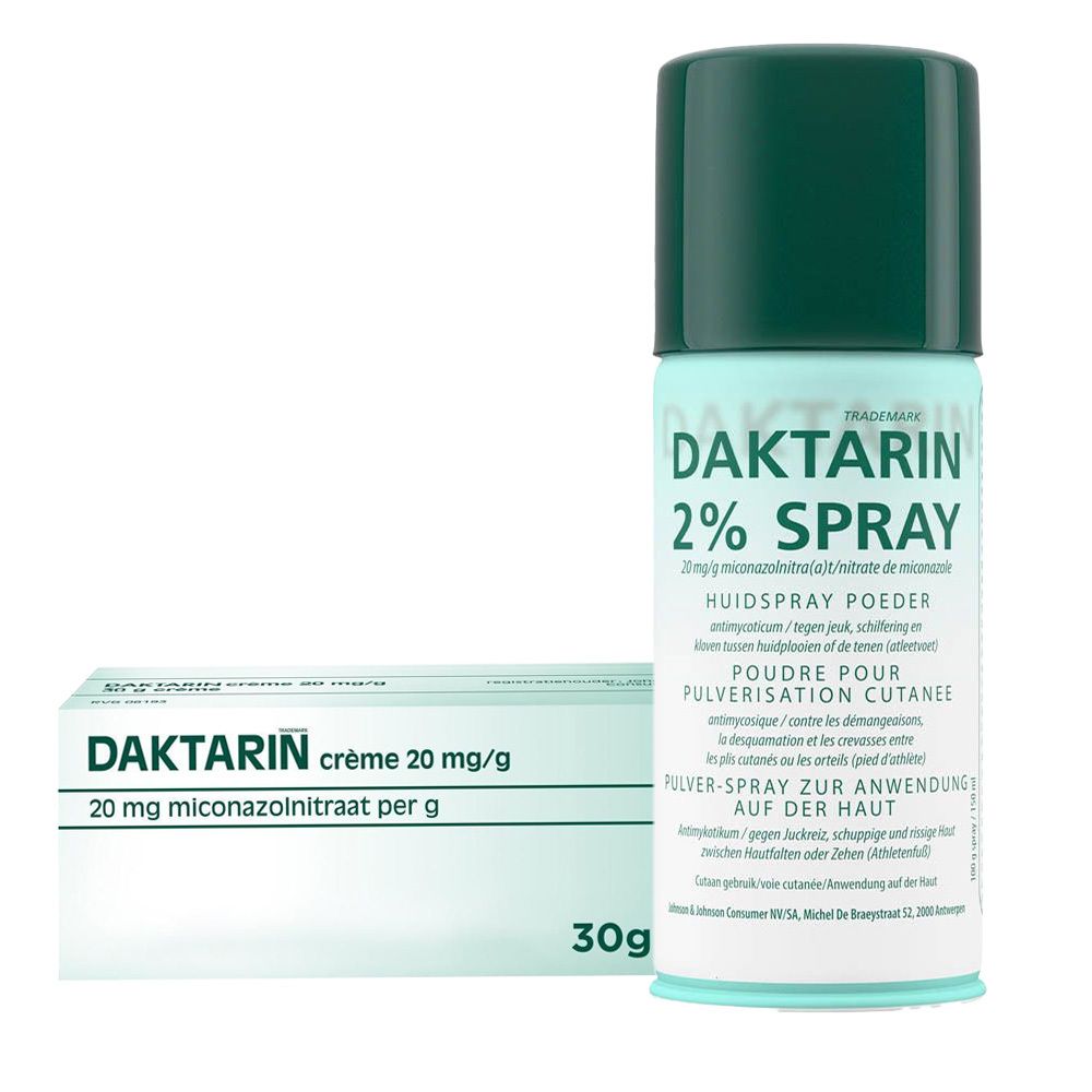 Daktarin Crème 20 mg/g en 2% Spray. Sprayfles met groene dop, daarnaast doos met productinformatie. Opschrift: Daktarin.