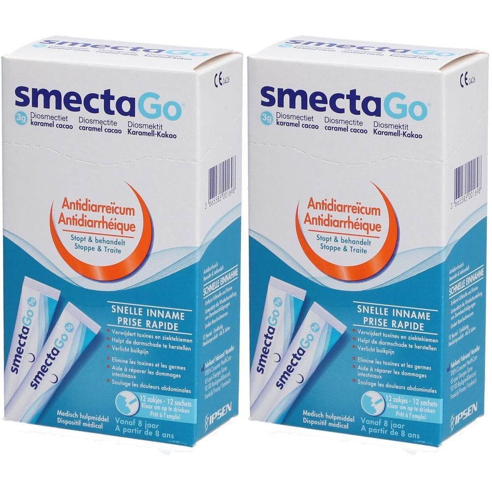 Twee dozen SmectaGo. Opschrift: Antidiarreicum, snelle opname. Bevat 12 zakjes. Medisch hulpmiddel.