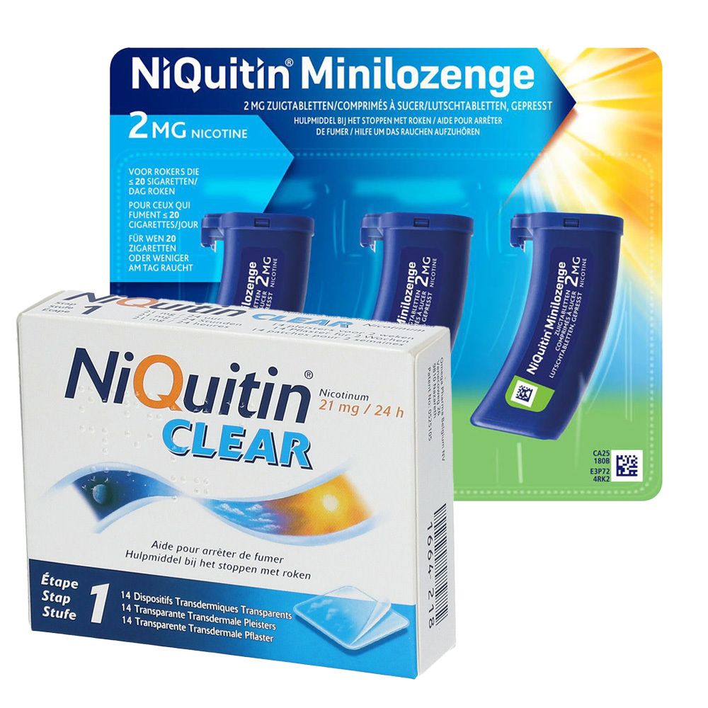 Verpakking van NiQuitin Clear en Minilozenge. Opschriften: 21mg/24u nicotine, 2mg nicotine. Blauwe en witte verpakkingen.