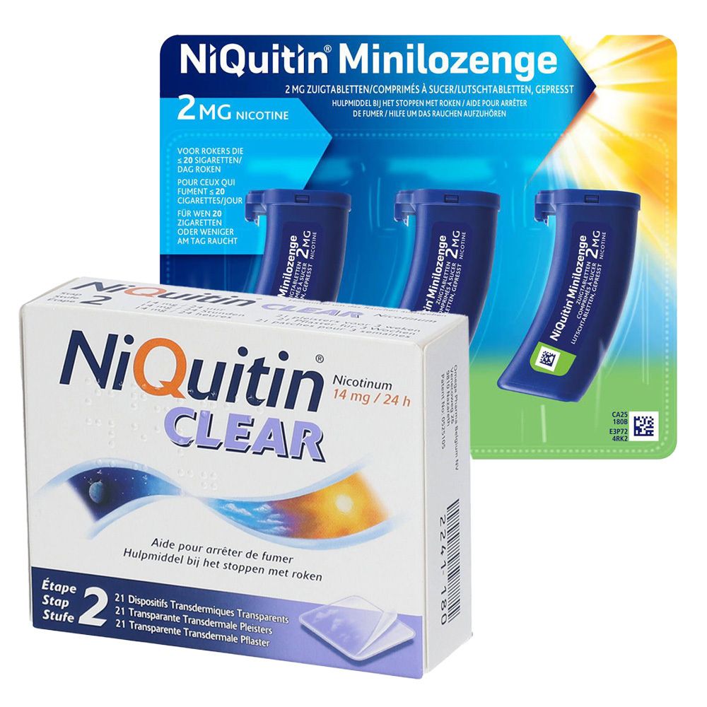 Verpakkingen van NiQuitin Clear en Minilozenge. Doos NiQuitin Clear met 21 pleisters. Blister Minilozenge met 3 tabletten.
