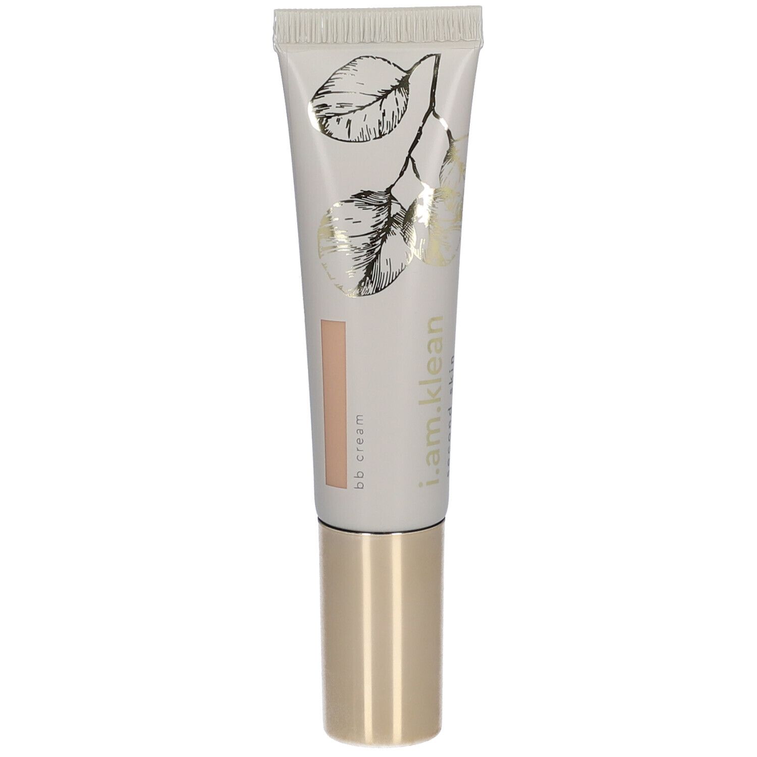 Crèmetube met gouden dop. Opschrift: i.am.klean, bb cream. Beige tint. Met bloemmotief.
