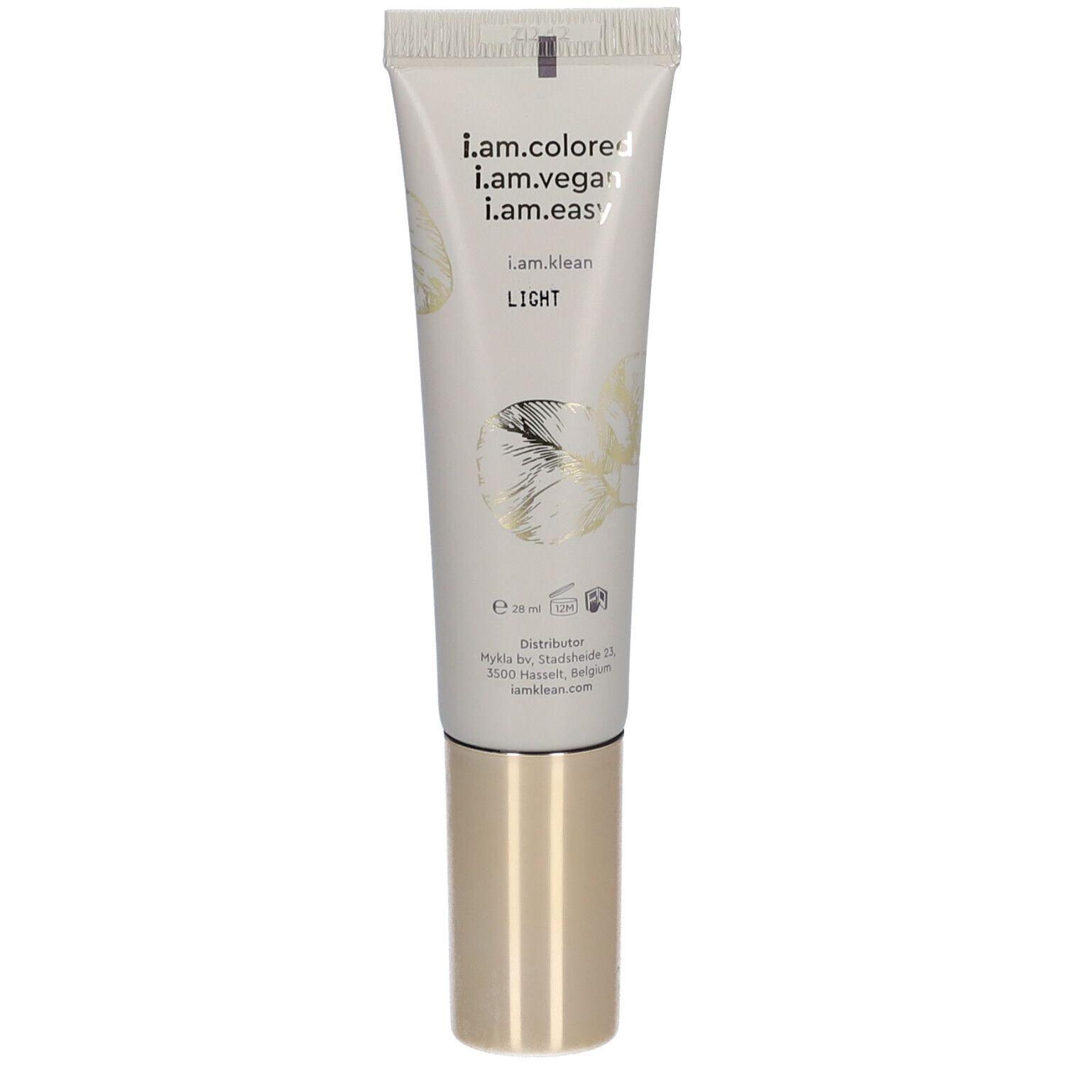 Crèmetube met gouden dop. Opschrift: i.am.klean, i.am.vegan, i.am.easy, i.am.colore. Tint: Light. Bloemmotief.