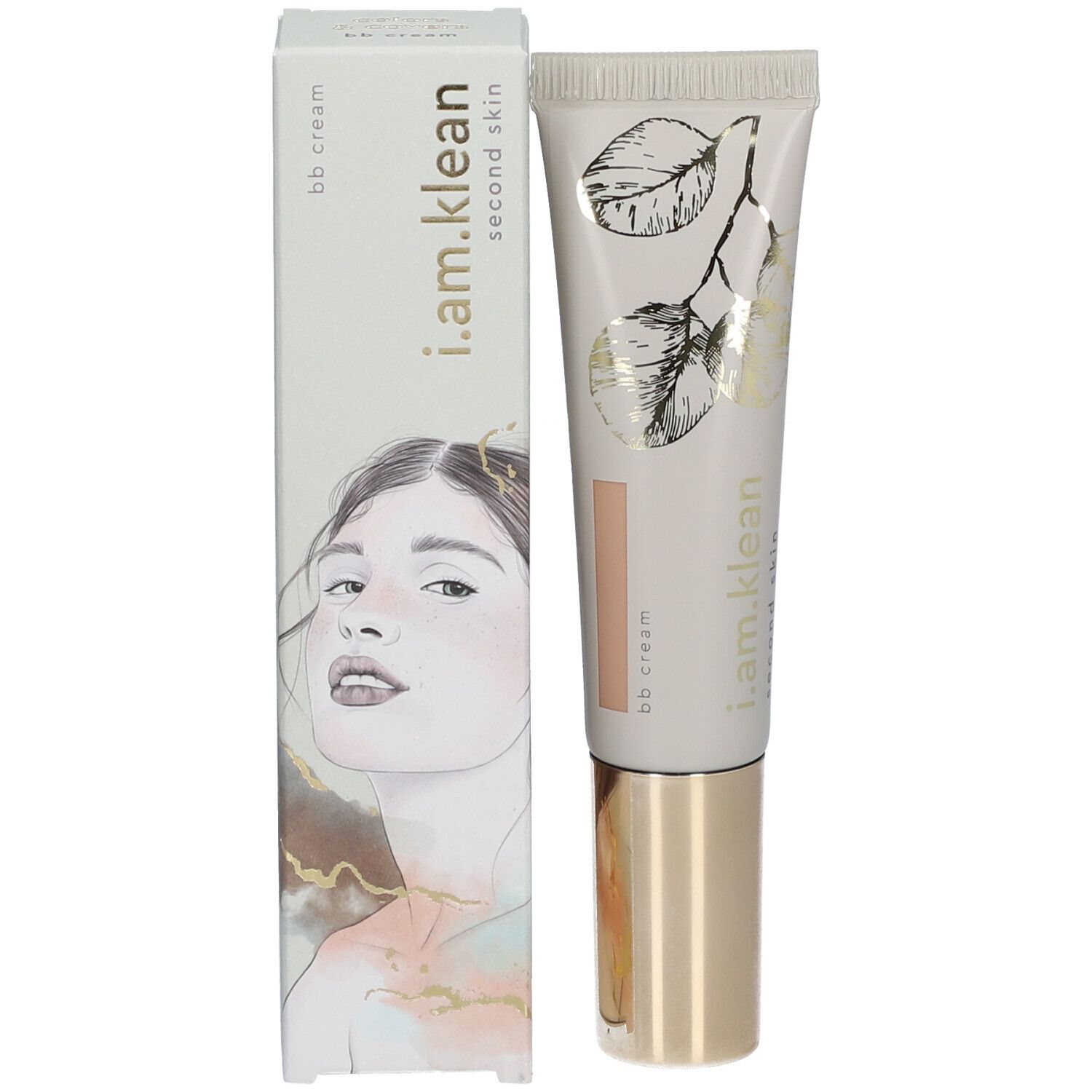Productverpakking met tube en doos. Opschrift: i.am.klean, second skin, bb cream. Afbeelding van een gezicht.