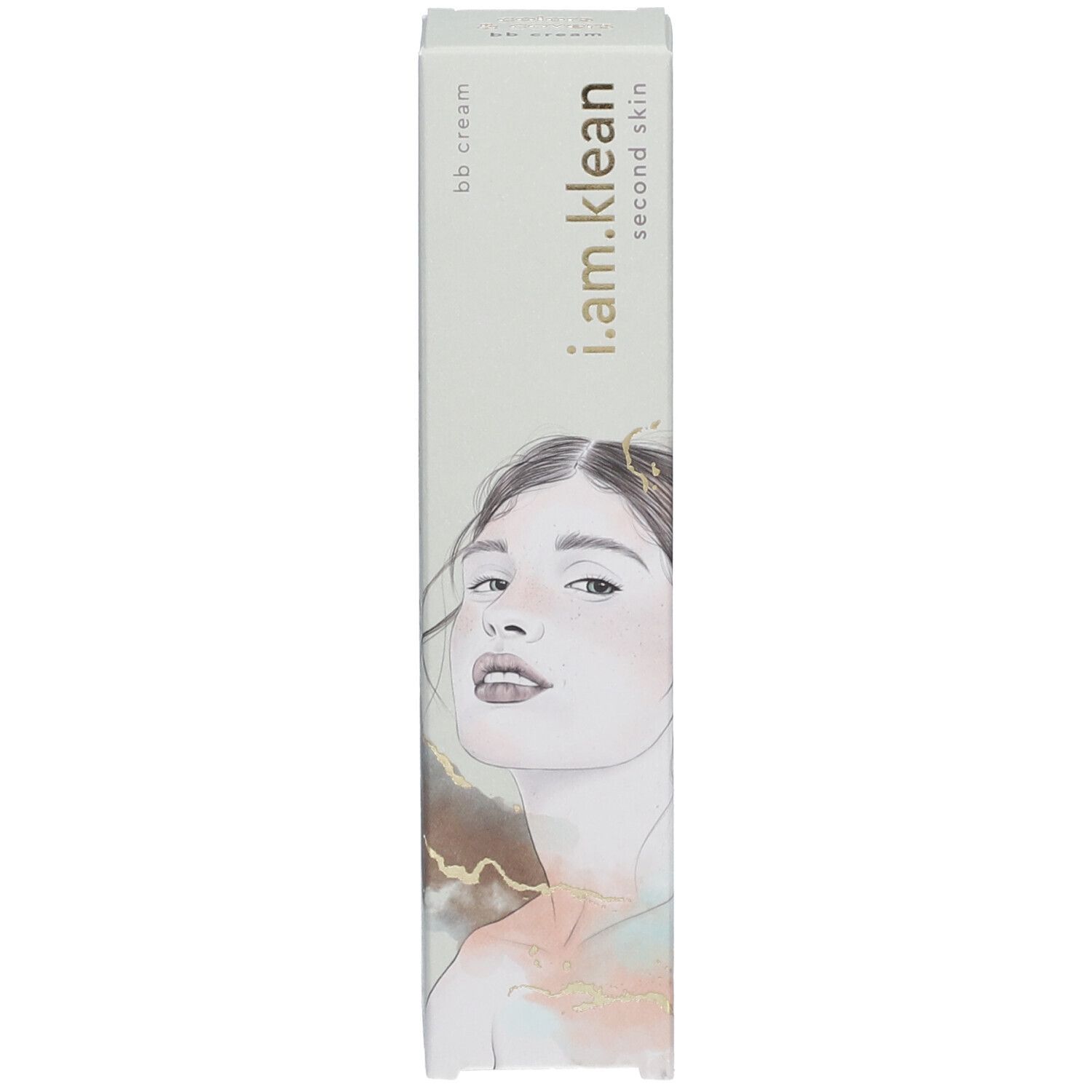 Doos met opschrift: i.am.klean, second skin, bb cream. Afbeelding van een gezicht.