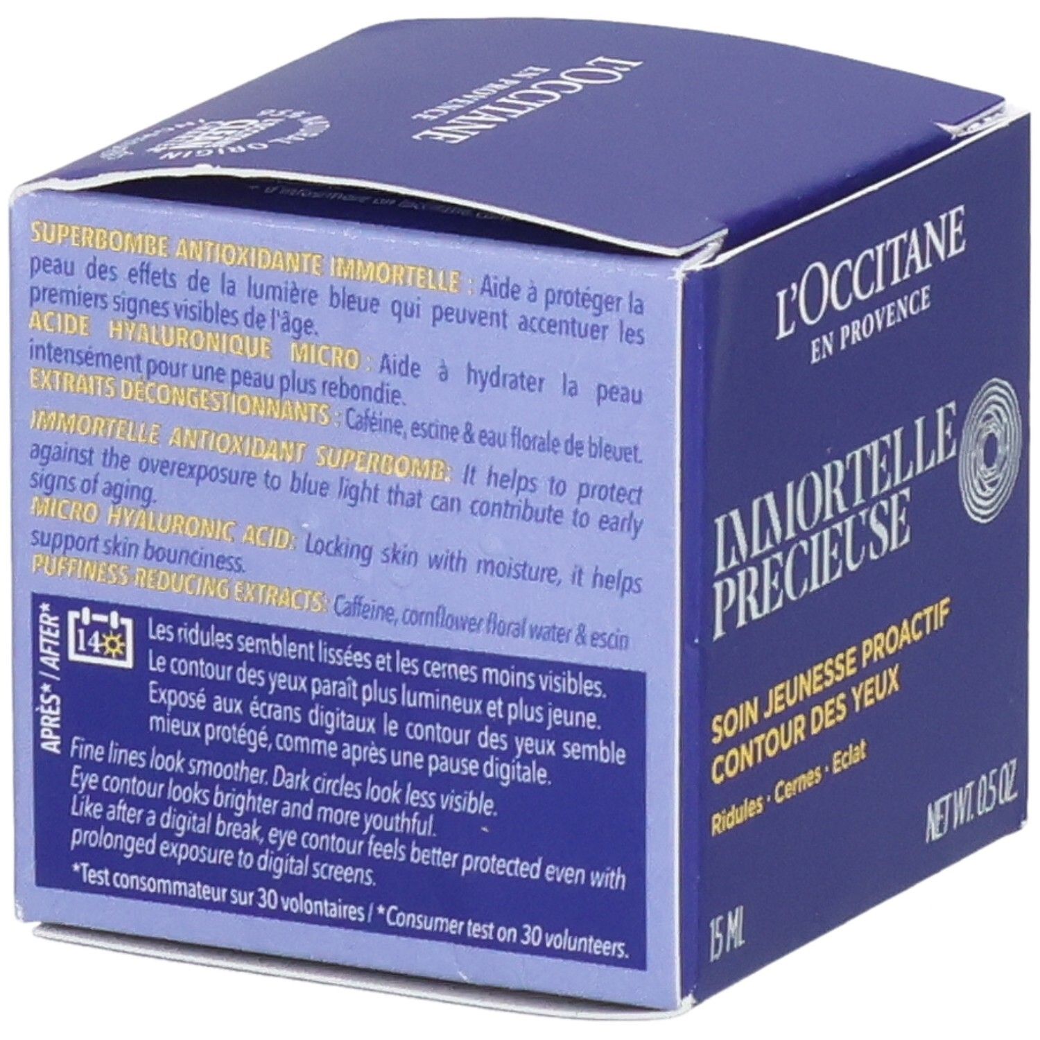 L'Occitane Immortelle Précieuse Oogcontour verpakking, achterkant met ingrediënten en instructies.