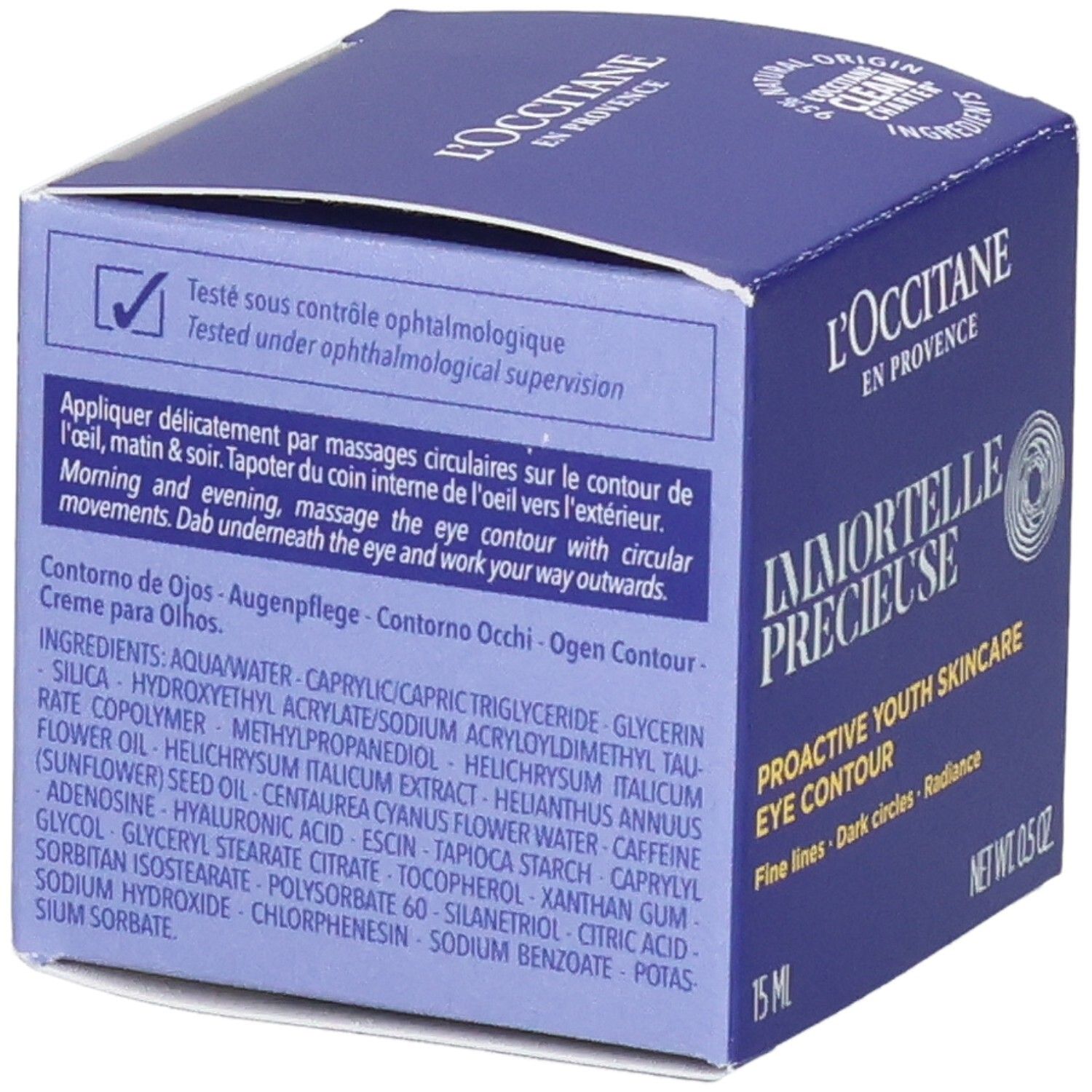 L'Occitane Immortelle Précieuse Oogcontour verpakking, zijkant met ingrediënten en instructies.