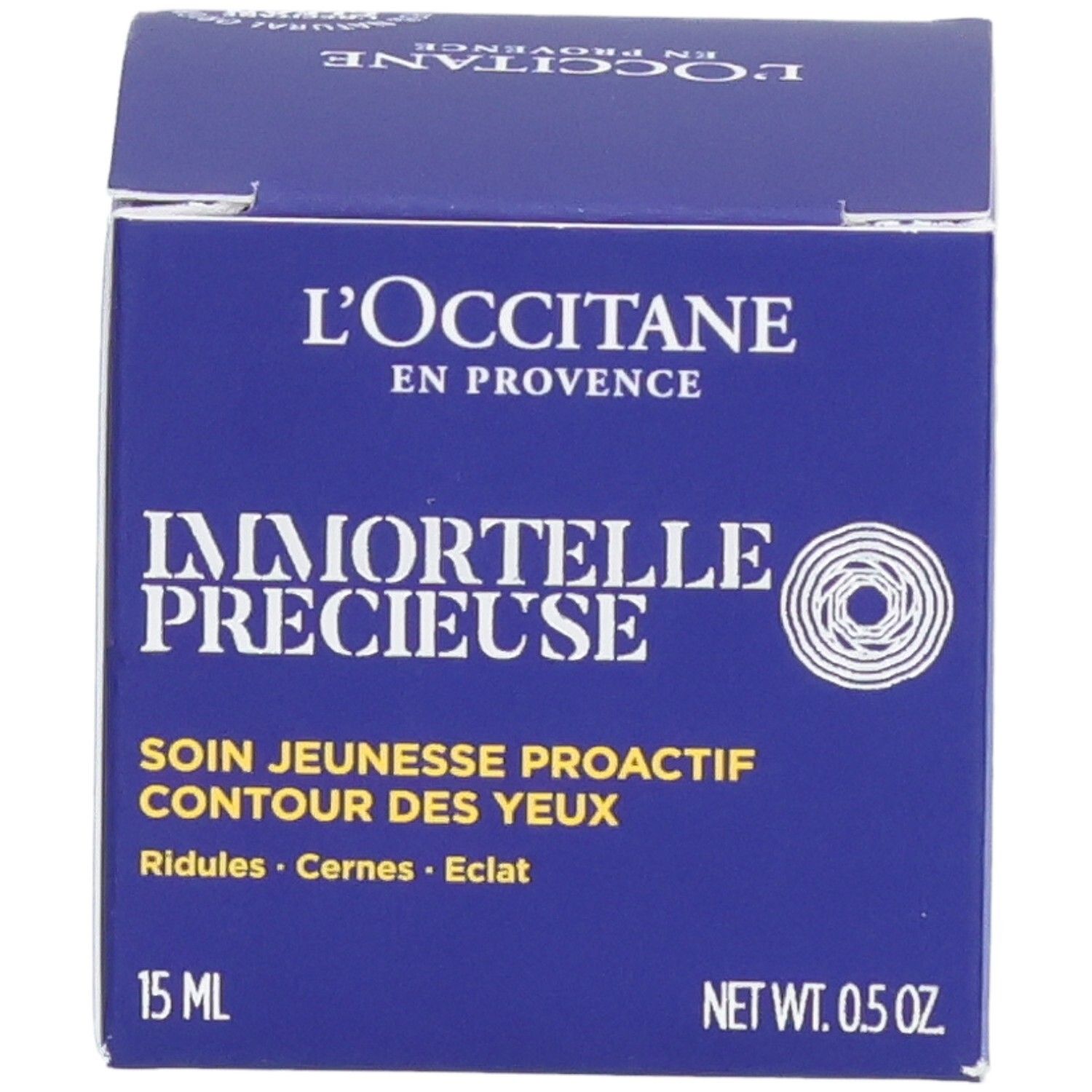 L'Occitane Immortelle Précieuse Oogcontour verpakking, 15ml, zegel "Getest onder oftalmologisch toezicht".
