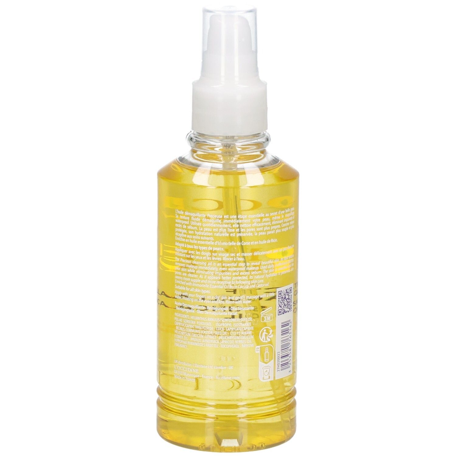 Achterkant van de L'OCCITANE Immortelle reinigingsolie in een heldere spuitfles met gele olie.