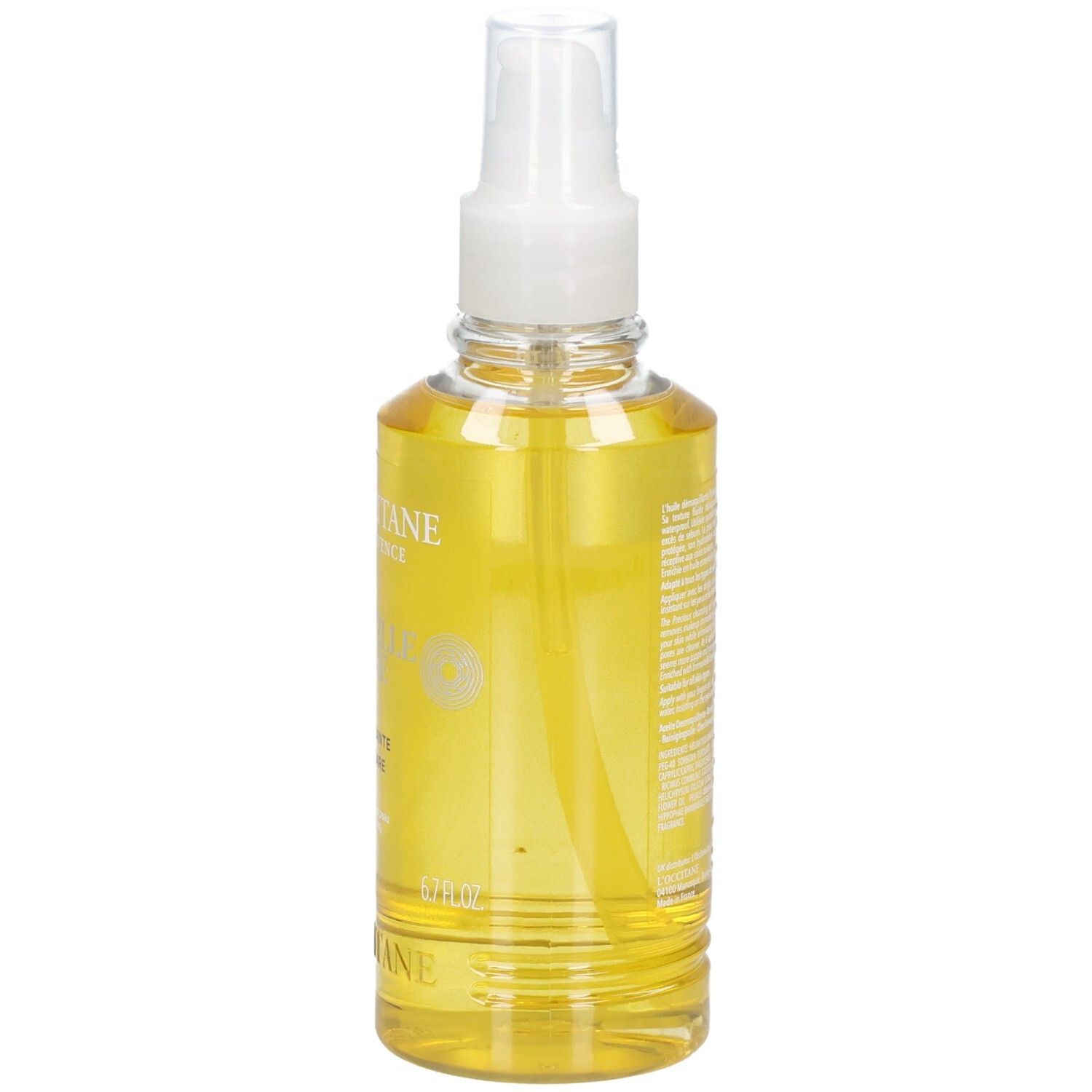 L'OCCITANE Immortelle reinigingsolie in een heldere spuitfles met gele olie.
