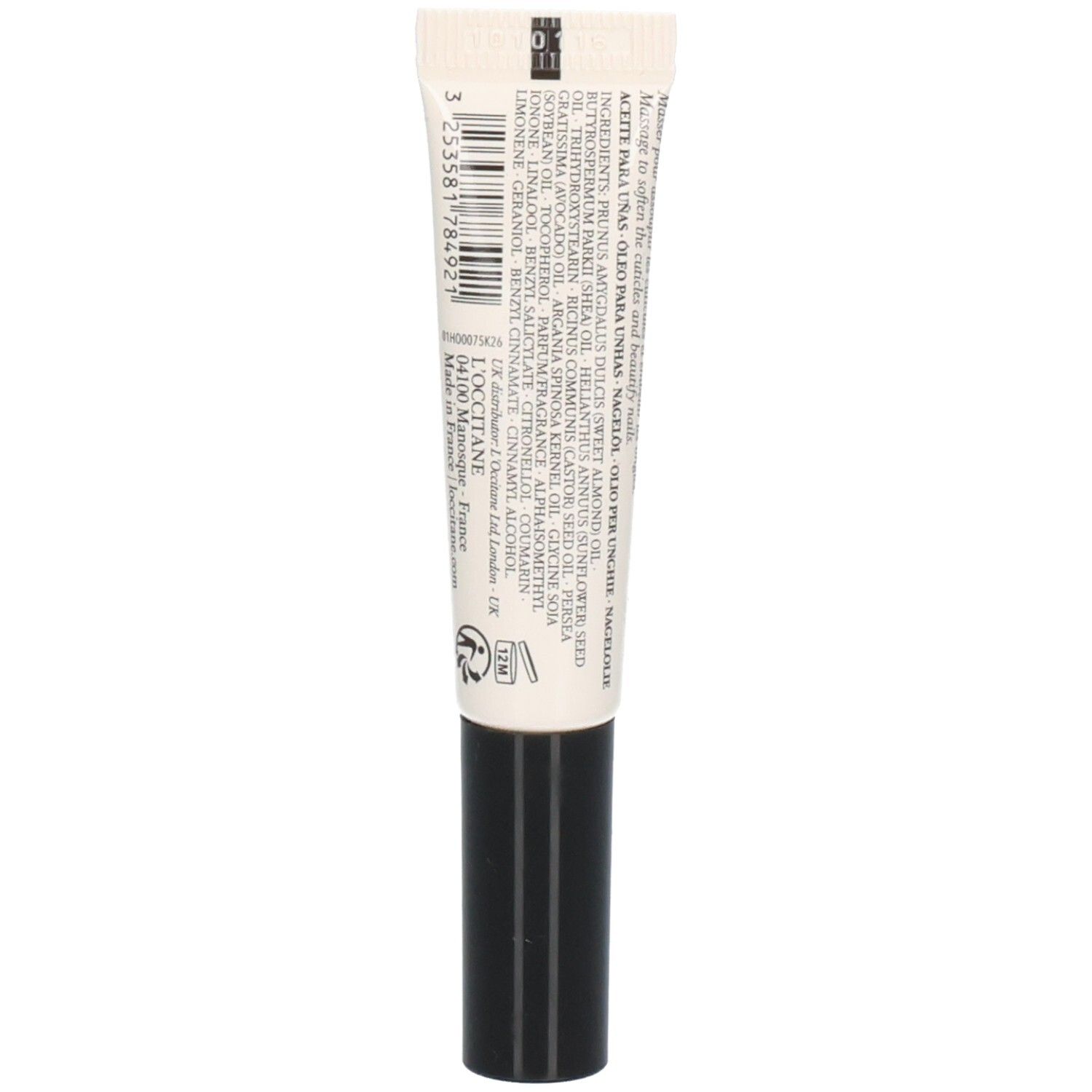 Achterkant van de L'OCCITANE nagel- en nagelriemolie tube met ingrediënten en productielocatie.